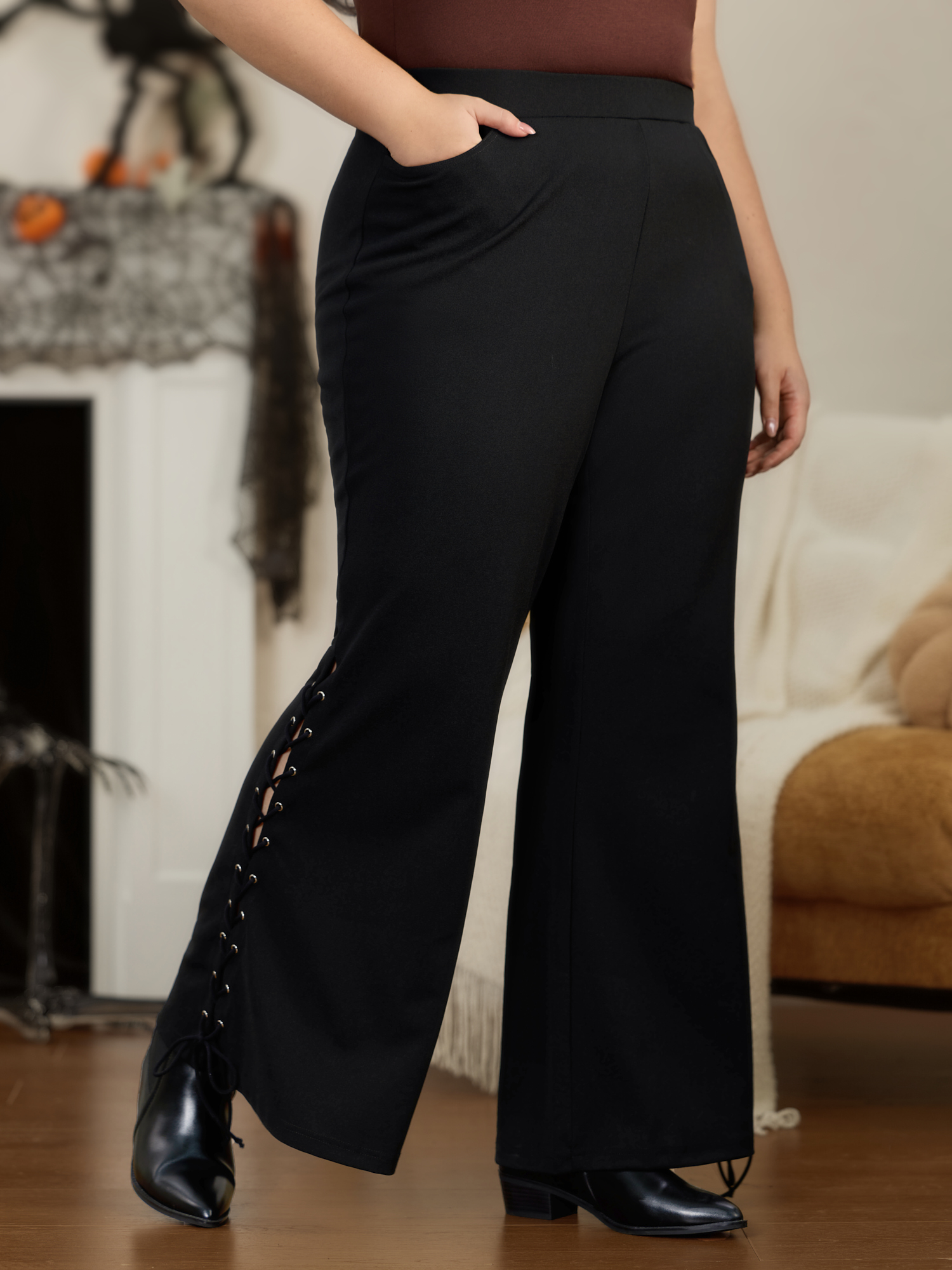 BloomChic Women's Plus Size Side Lace‑Up Split Hem Flare Pants Black Solid Flared Mid Rise Everyday-Casual 10/M