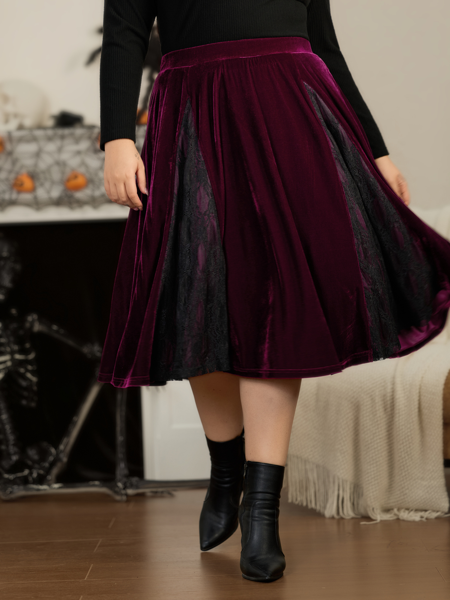 BloomChic Women's Plus Size Velvet Lace Mesh Panel Midi Skirt Burgundy Patchwork A-line Party 22-24/3X