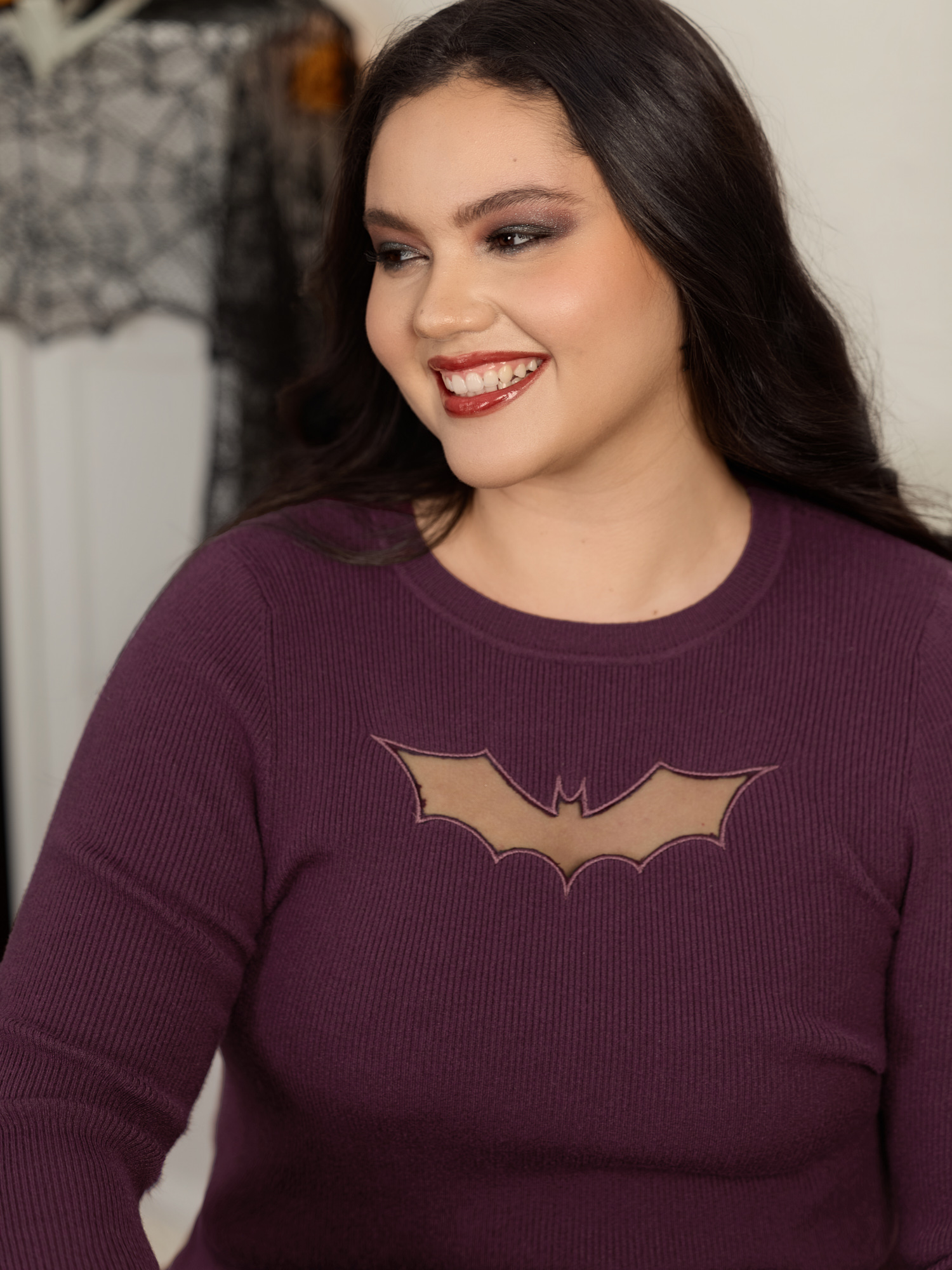 BloomChic Plus Size Supersoft Bat‑Shaped Mesh Cut Out Pullover - Curve Women's Winter Round Neck Corset Mesh Panel Plum Sleeve Pullovers 14/M