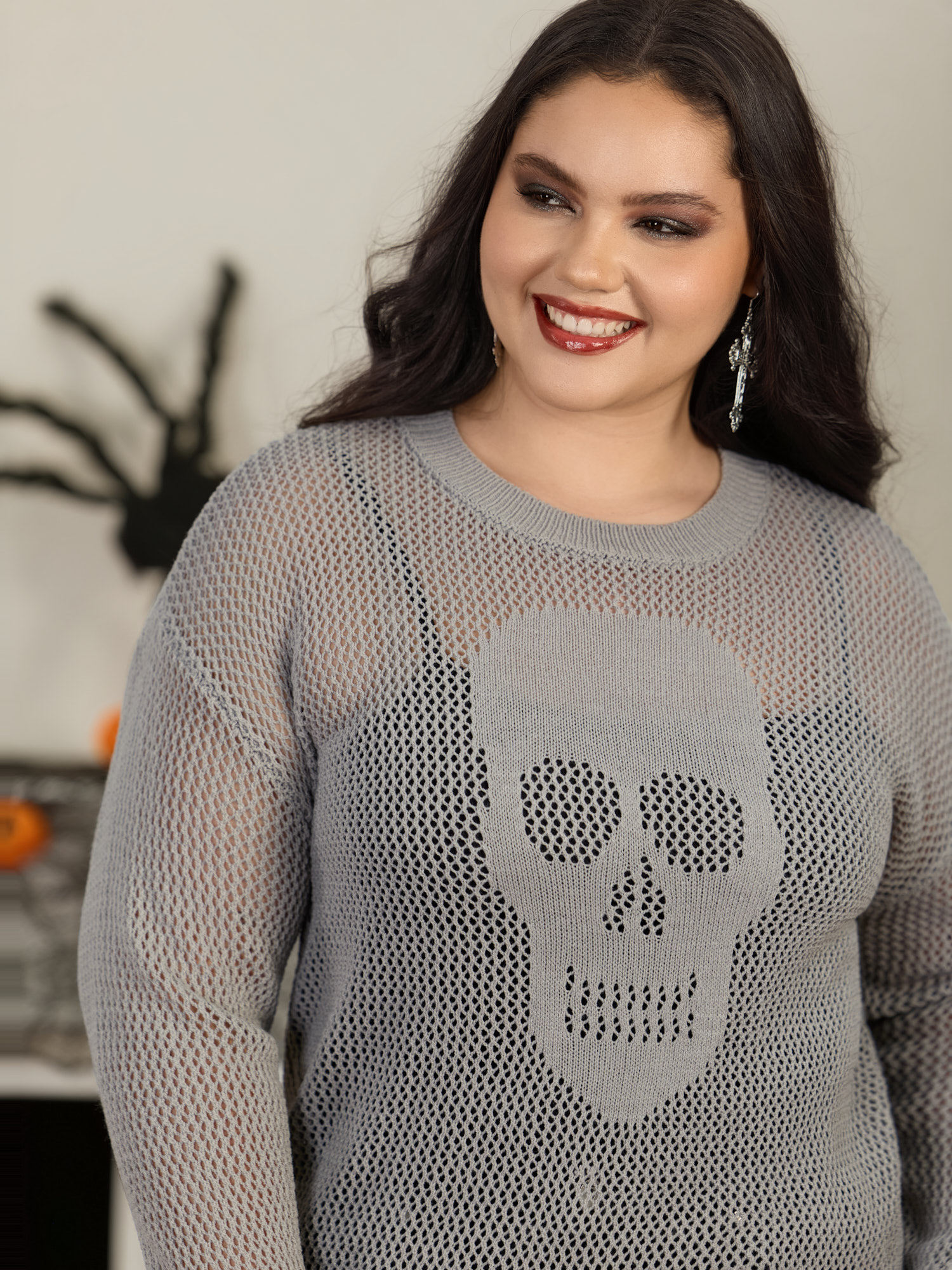 BloomChic Women's Plus Size Sheer Skull Hollow‑Out Jacquard Crew Neck Pullover Mediumgray Long Sleeve Round Neck 22-24/3X