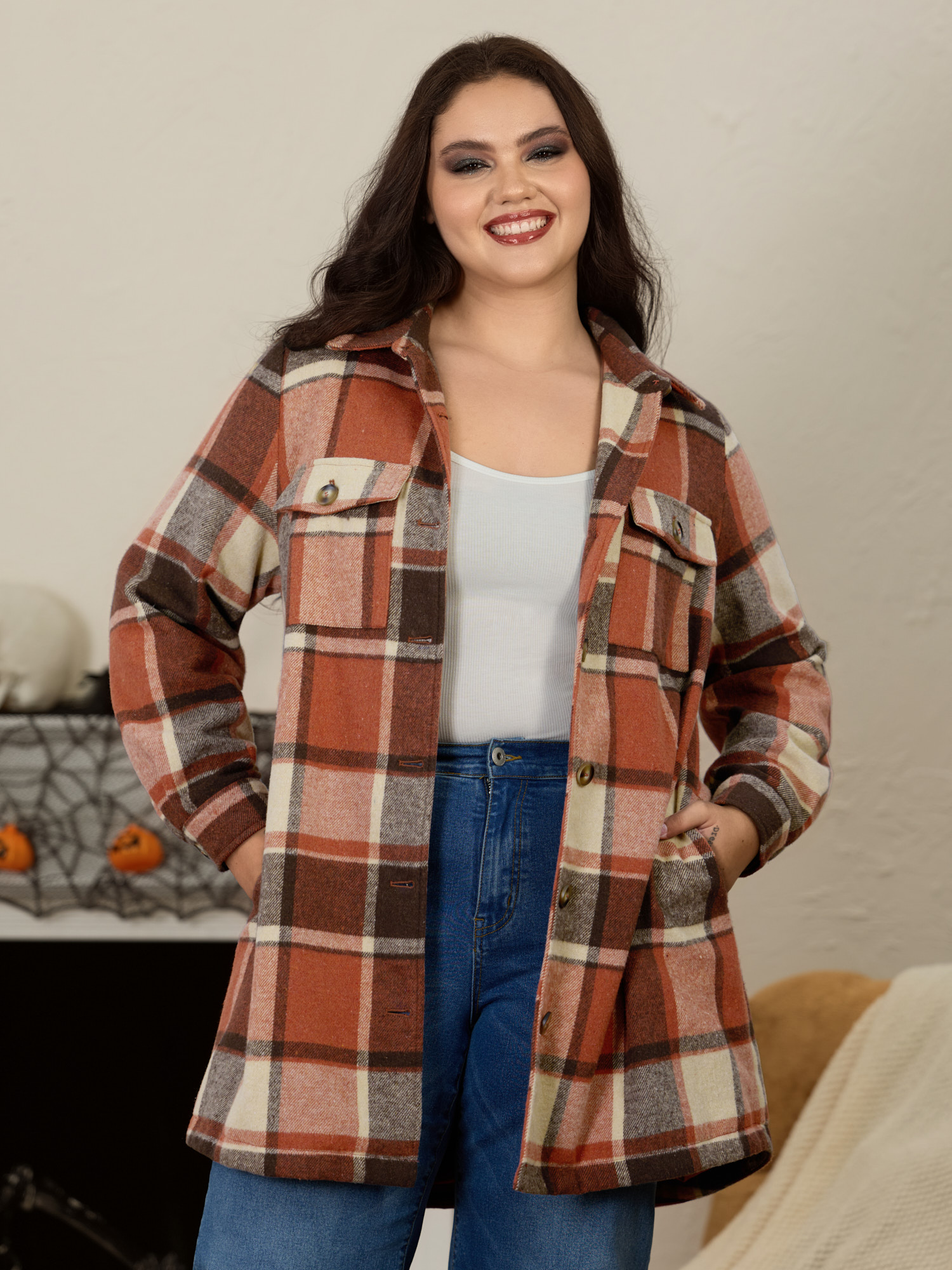 BloomChic Plus Size Plaid Pocket Button‑Down Coat - Curve Women's Winterwear- Coral Comfort Midsection Fit Tunic A-line Coats 14/M