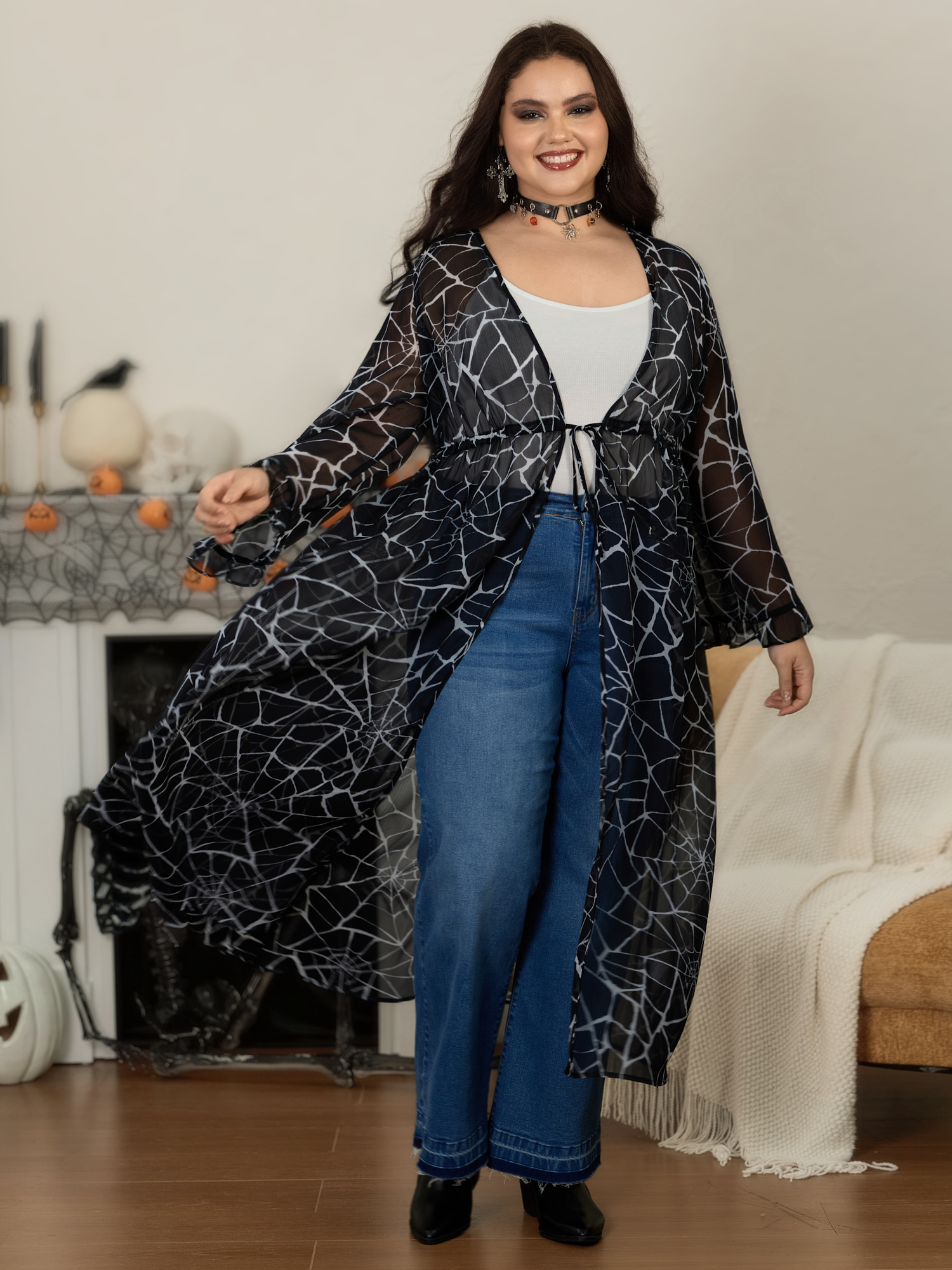 BloomChic Women's Plus Size Spider Web Print Sheer Chiffon Drawstring Waist Kimono Black Bowknot Fit & Flare 10/M