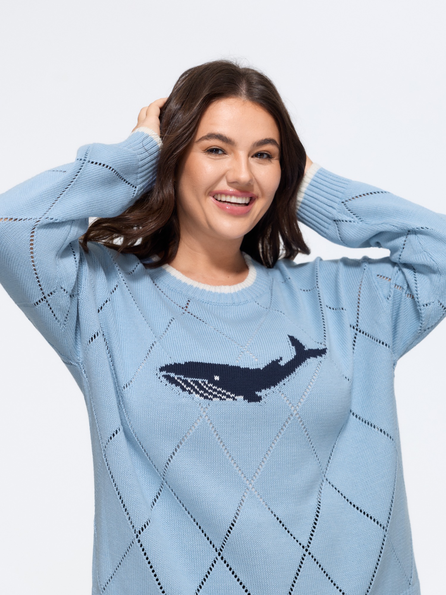 BloomChic Women's Plus Size Whale Jacquard Contrast Trim Diamond Hollow Pullover LightBlue Long Sleeve Round Neck 10/M