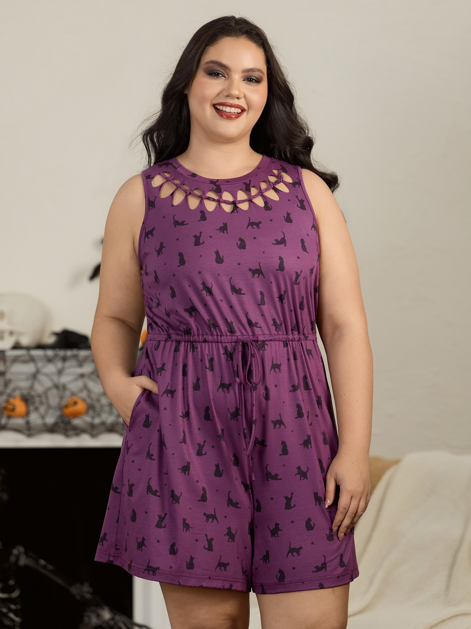 BloomChic Plus Size Supersoft Cat Print Cut Out Neck Lounge Romper - Women's Supersoft Deeppurplered Sleeveless Hidden Pocket Comfort Midsection Fit Fit & Flare Lounge Jumpsuits 14/M