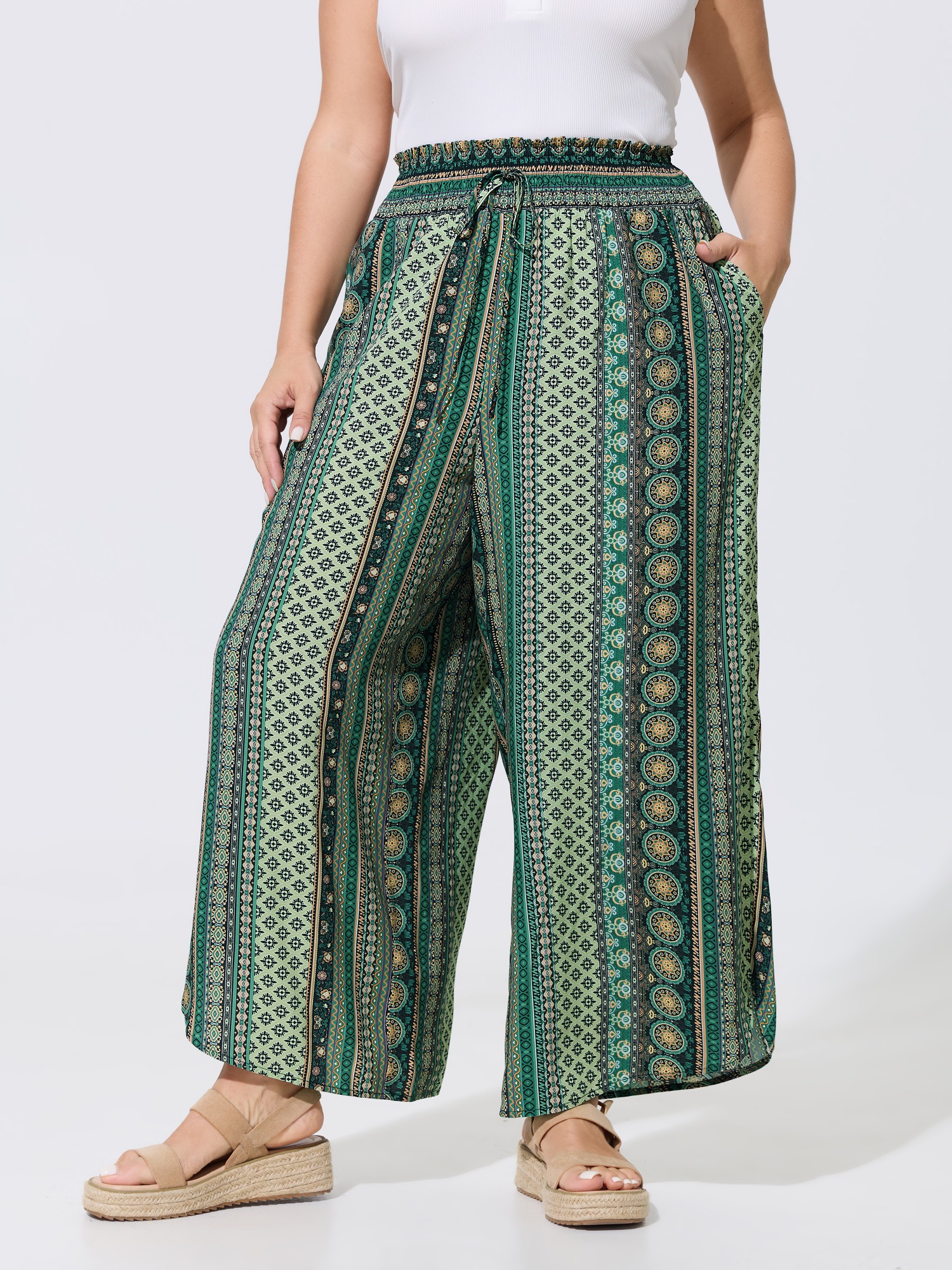 BloomChic Women's Plus Size Boho Print Shirred Waist Wide-Leg Pants Deep Jungle Ethnic Floral Tulip Mid Rise Vacation 10/M