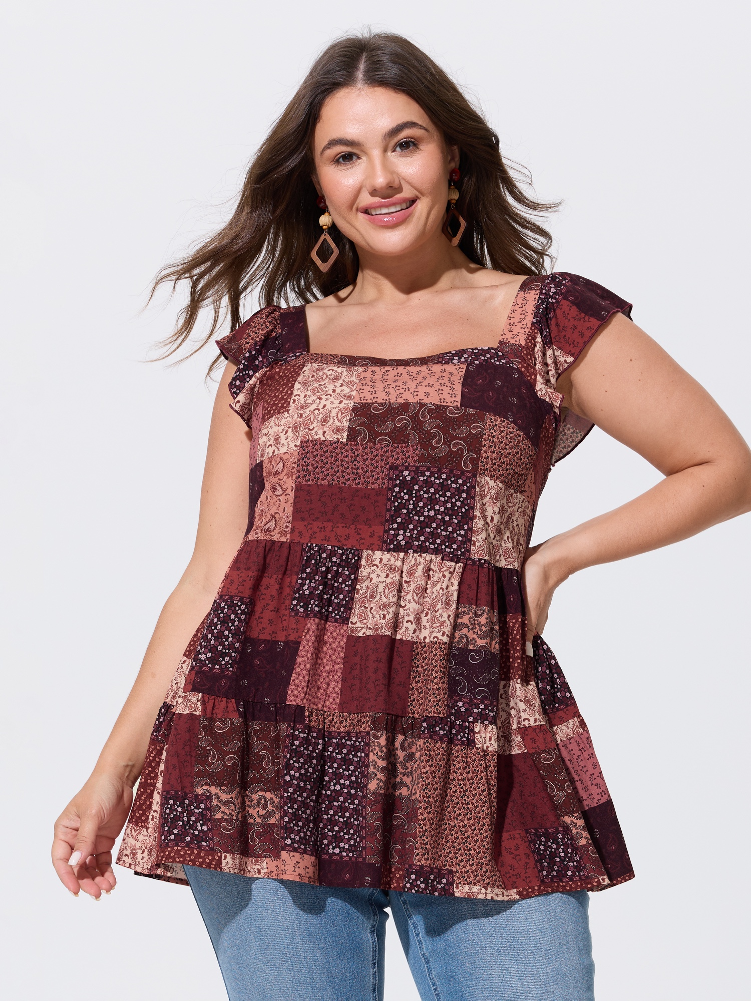 BloomChic Women's Plus Size Floral Collage Print Layered Tank Top Lava Falls Vacation A-line Square Neck 10/M