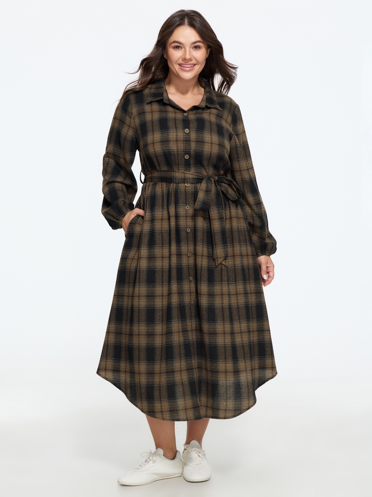 BloomChic Women's Plus Size Plaid Button Detail Pocket Belted Arc Hem Midi Dress Shaved Chocolate Checker Midi Everyday-Casual Button Front 12/L