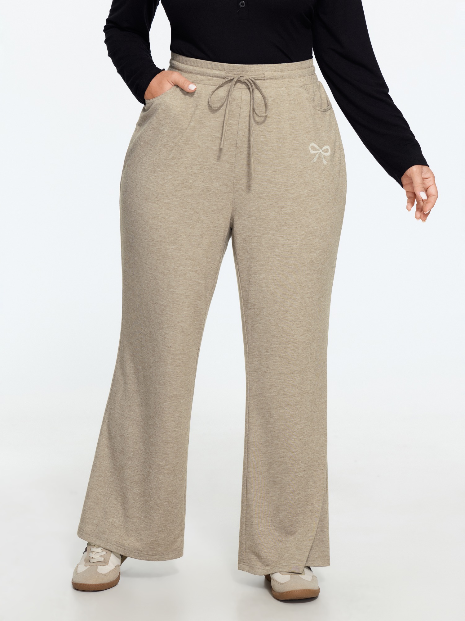 BloomChic Women's Plus Size Supersoft Bow Embroidery Drawstring Waist Pants LightBrown Solid Slight flare Mid Rise Everyday-Casual 10/M