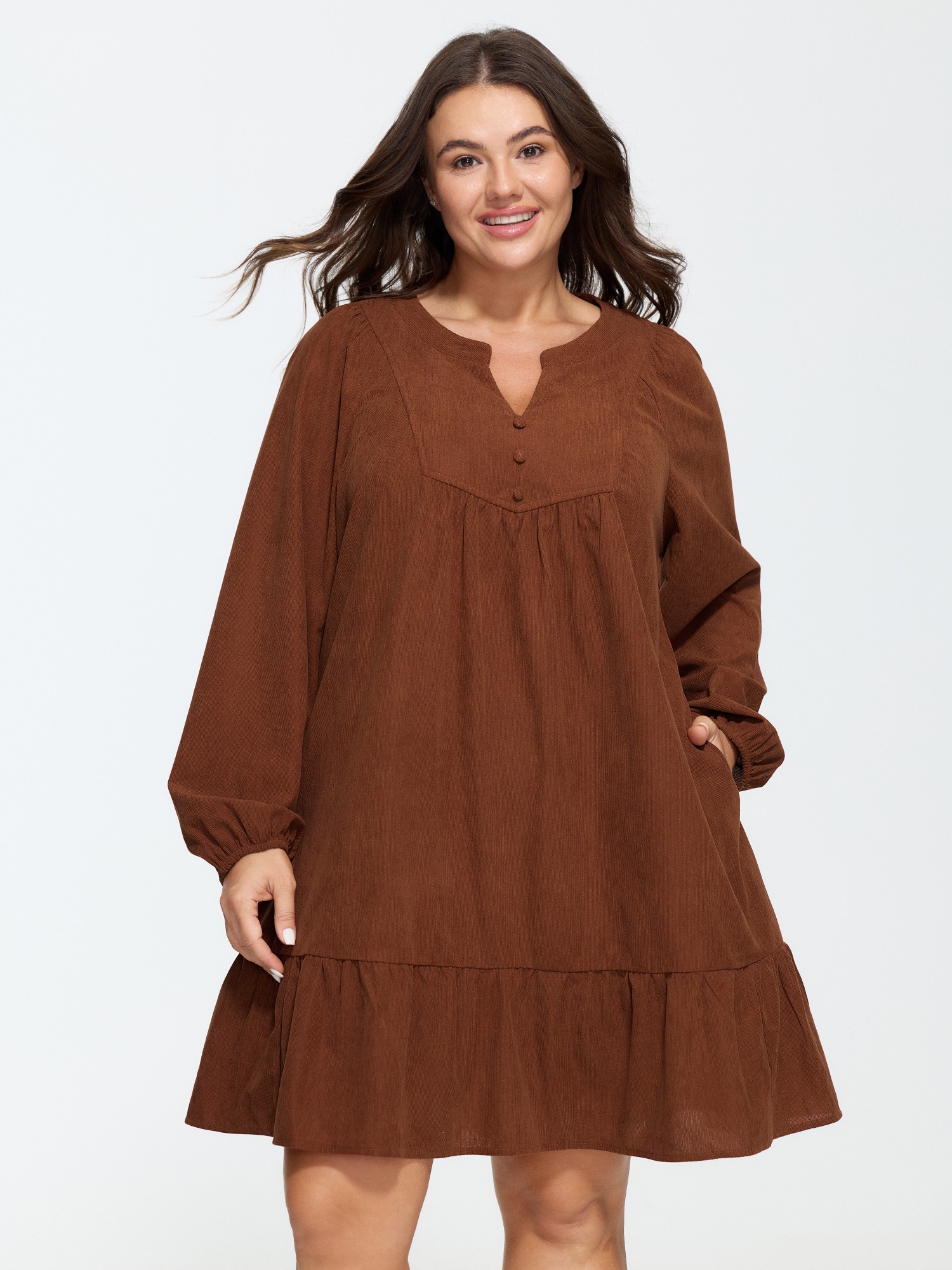 BloomChic Women's Plus Size Corduroy Long Sleeve Ruffle Hem Mini Dress Browncoffeecolor Solid Mini Everyday-Casual Button Front 30/6X