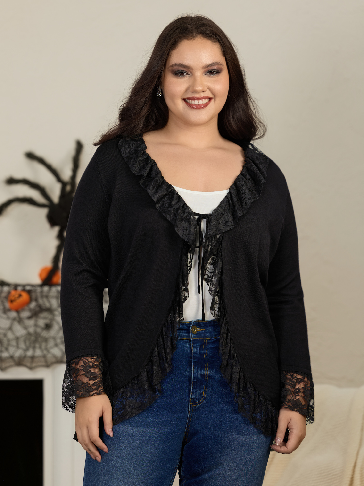 BloomChic Plus Size Lace Ruffle Trim Open Front Cardigan - Curve Women's Winter V-Neck Straight fit Patchwork Black Tie Closure Cardigans 14/M