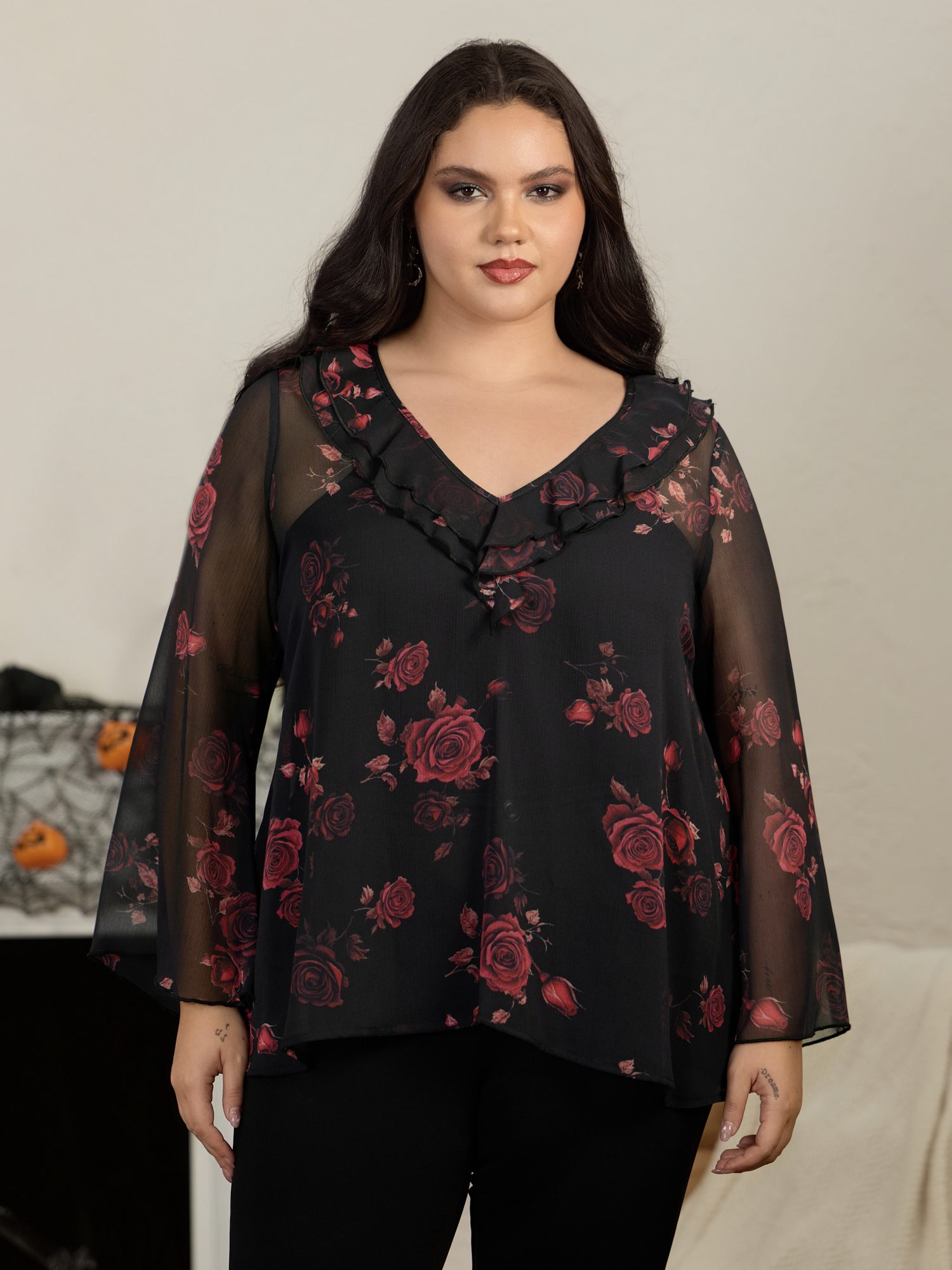 BloomChic Women's Plus Size Rose Print Ruffle V‑Neck Sheer Chiffon Blouse BlackFlower Floral Everyday-Elegant Long Sleeve V-Neck 10/M
