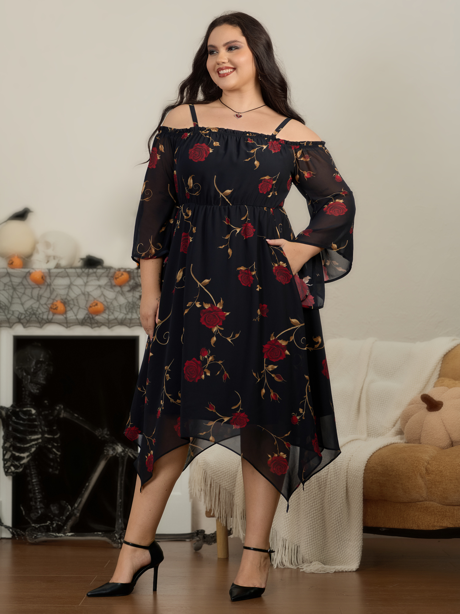 BloomChic Women's Plus Size Rose Print Cold‑Shoulder Flare Sleeve Maxi Dress BlackFlower Halloween Maxi Everyday-Elegant Cold Shoulder 12/L