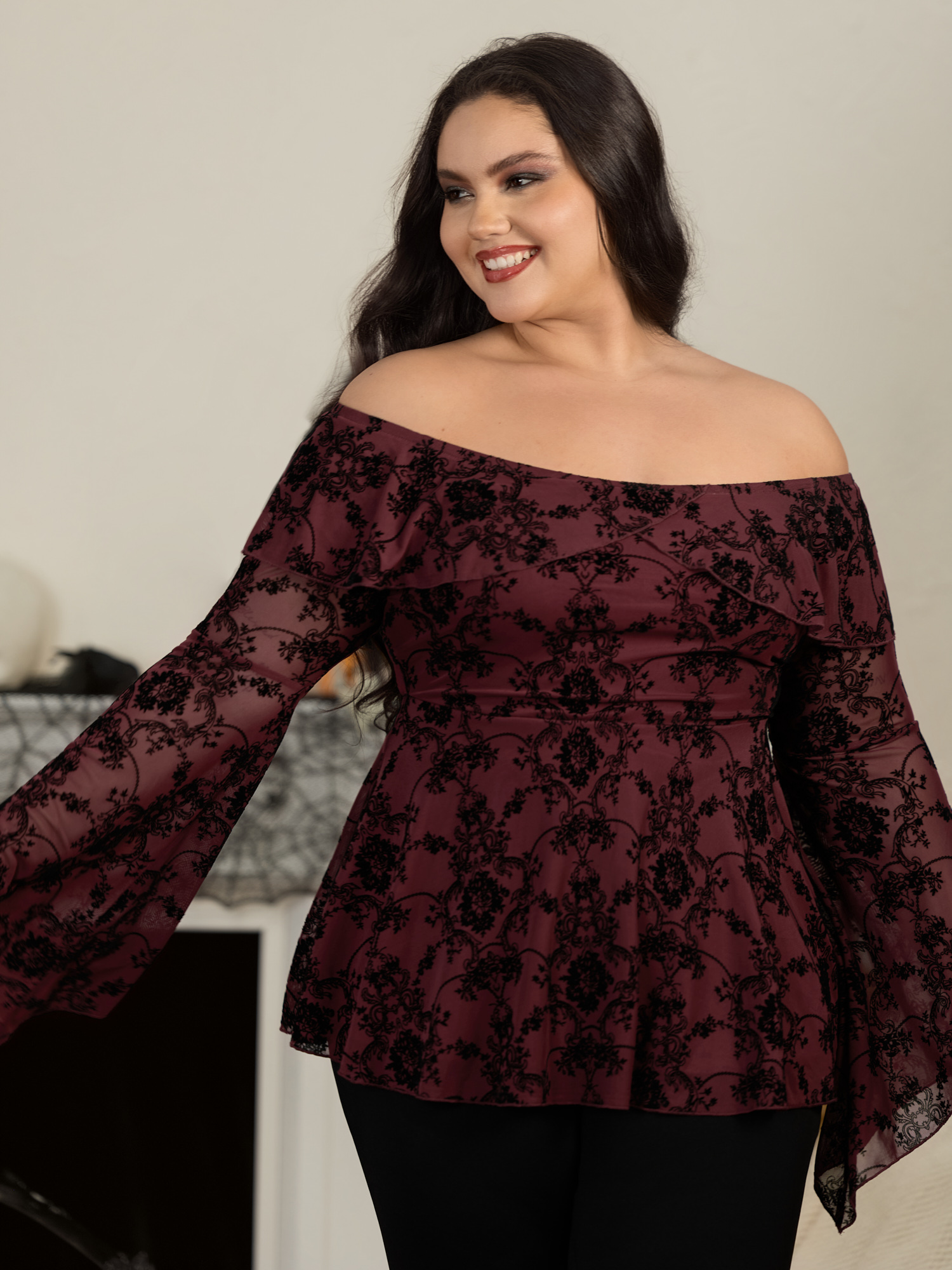 BloomChic Plus Size Floral Flocked Mesh Ruffle Off Shoulder Top - Women's Deepred Tie-dye V-Neck Comfort Midsection Fit Cap Sleeve Americana Daily Knit Tops 14/M