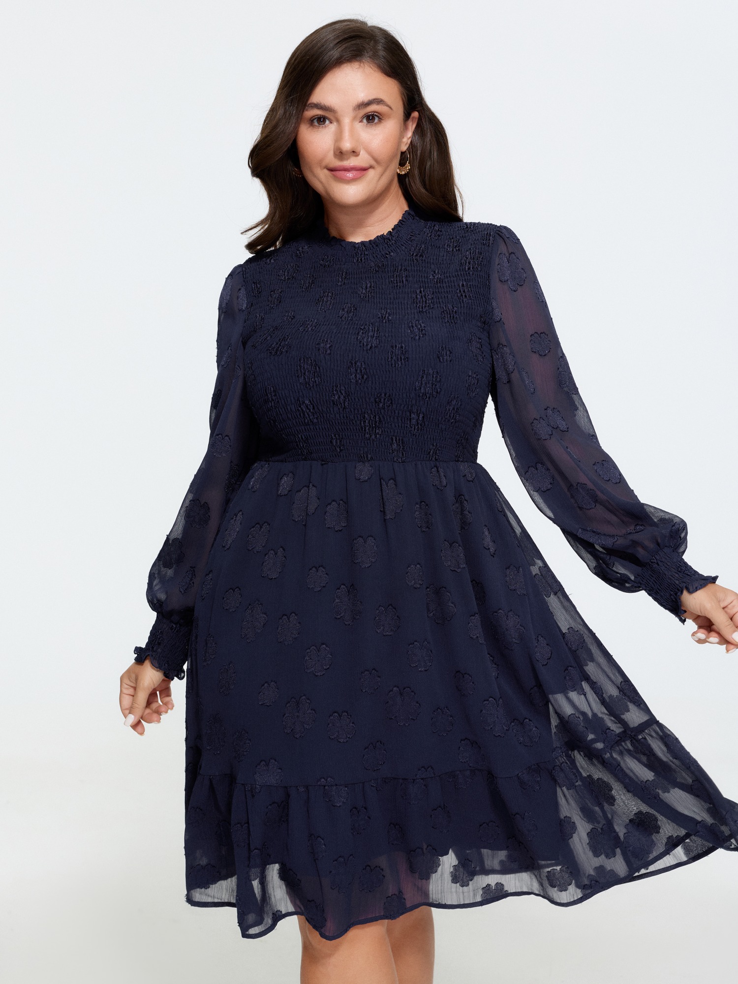 BloomChic Women's Plus Size Texture Floral Mesh Ruffled Neck Shirred Mini Dress DarkBlue Solid Mini Everyday-Elegant Smocked 18-20/2X