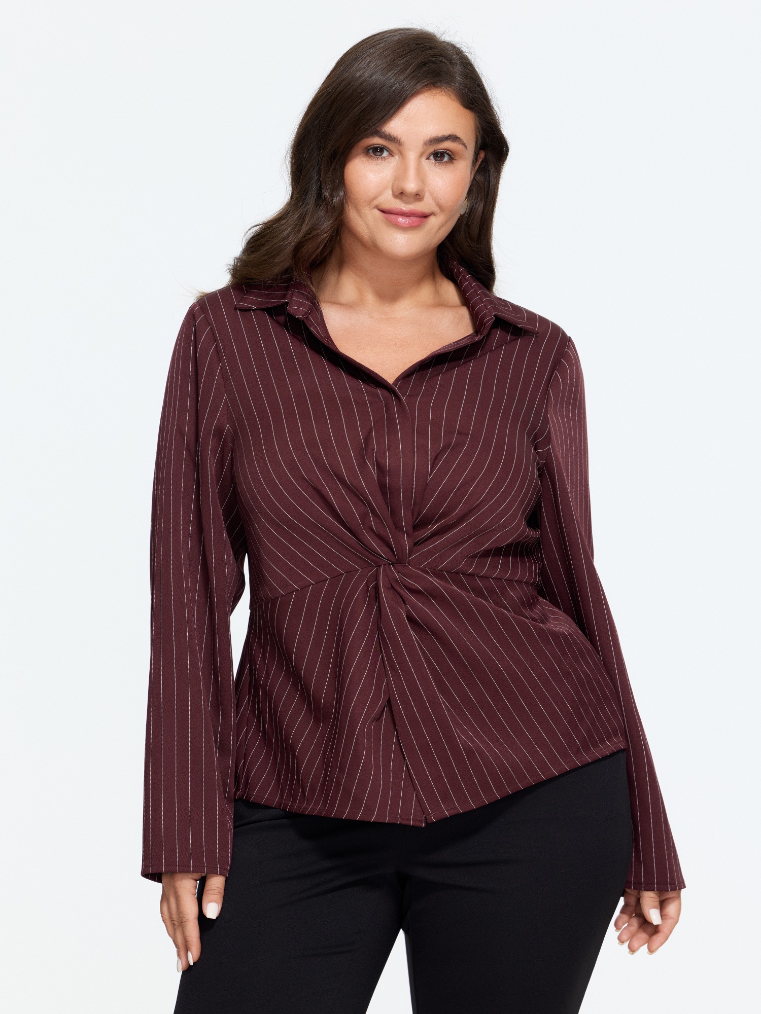 BloomChic Women's Plus Size Vertical Striped Twist Front Blouse Burgundy Stripes Everyday-Elegant Long Sleeve Collared Neck 18-20/2X