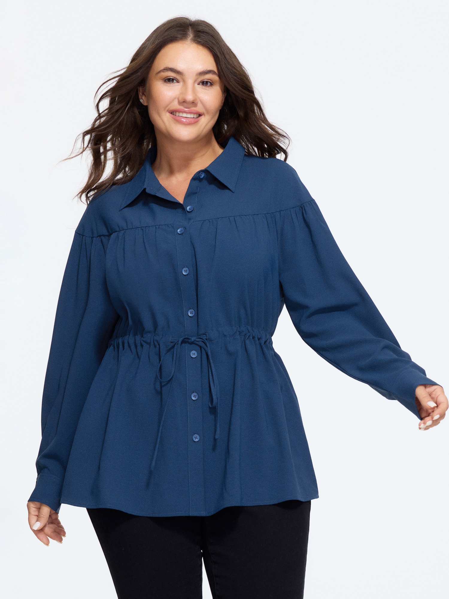 BloomChic Women's Plus Size Drawstring Waist Button‑Down Long Sleeve Blouse Midnight Solid Everyday-Casual Long Sleeve Collared Neck 10/M