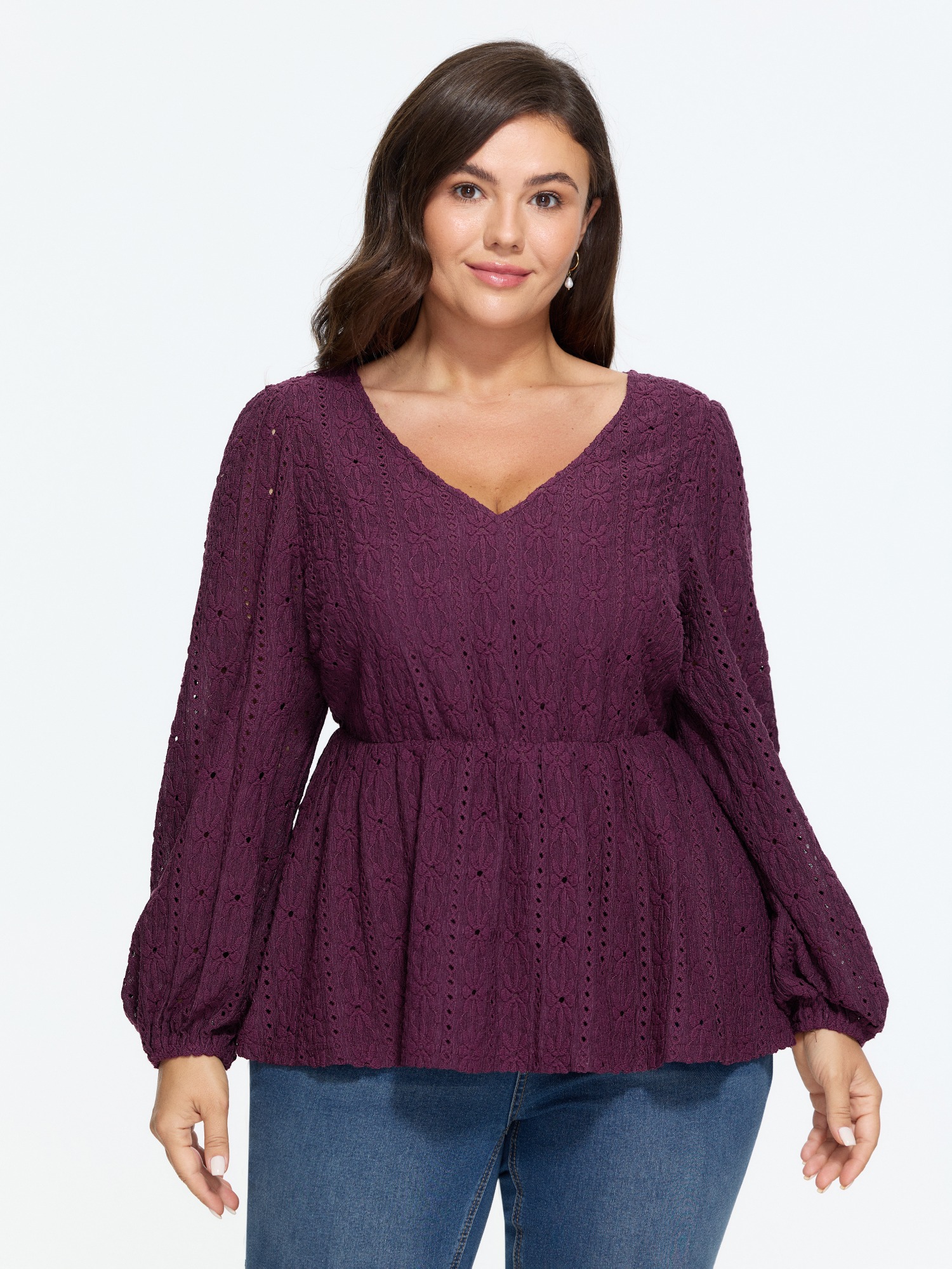 BloomChic Women's Plus Size Textured Eyelet V‑Neck Peplum Blouse Deeppurplered Solid Everyday-Elegant Long Sleeve V-Neck 10/M