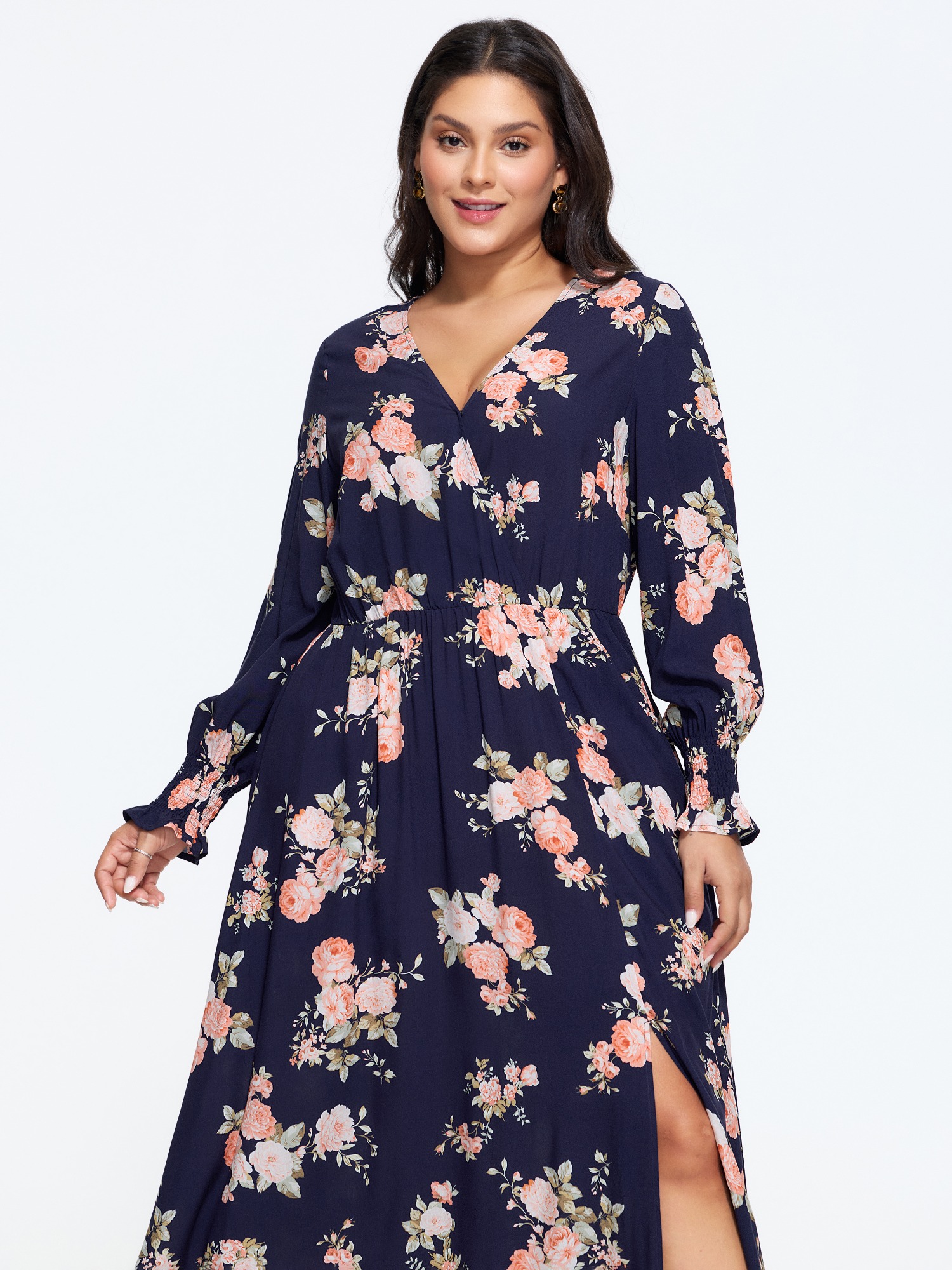 BloomChic Plus Size Floral Print Shirred Cuff Split Side Maxi Dress - Curve Ladies Ocean Elegant Long Sleeve Floral Side Pocket Daily Dresses 26-28/3X