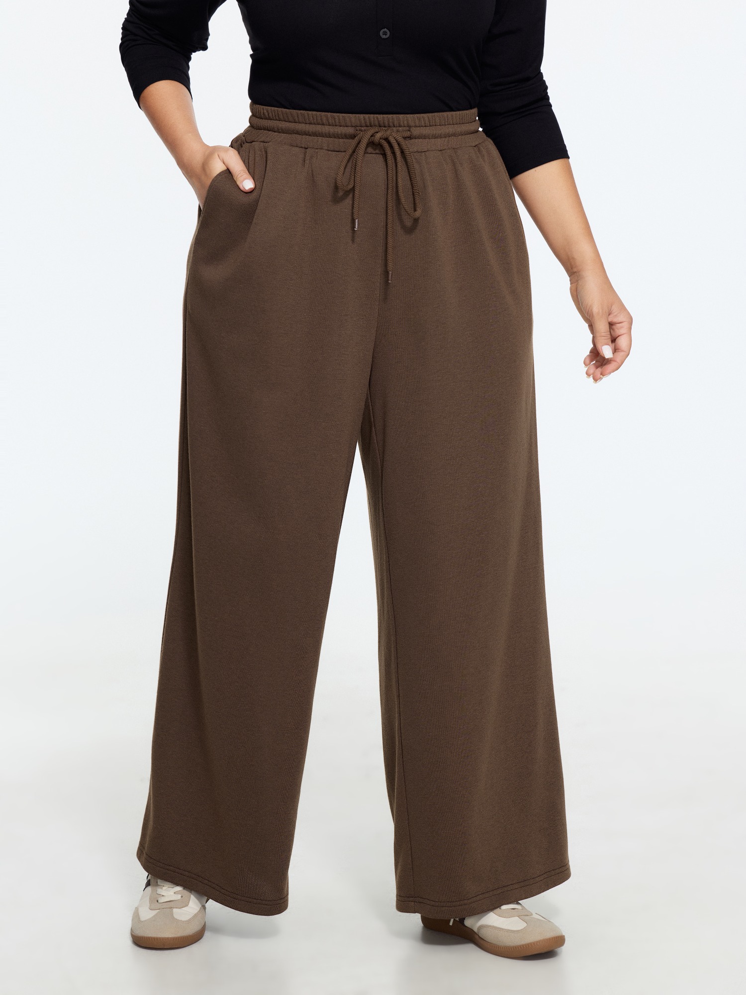 BloomChic Women's Plus Size Supersoft Drawstring Waist Wide Leg Pants DarkBrown Solid Straight fit Mid Rise Everyday-Casual 10/M