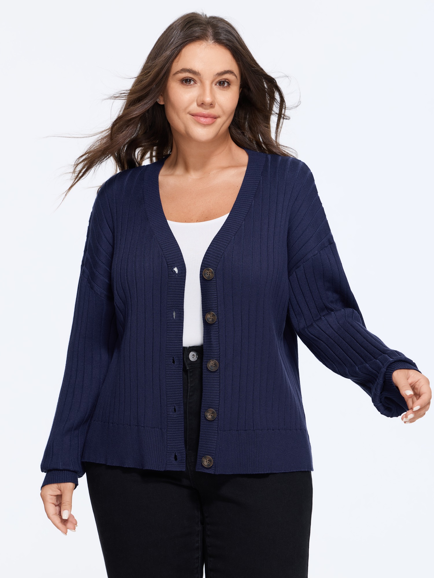 BloomChic Women's Plus Size Button Front Ribbed Knit Cardigan DarkBlue Long Sleeve V-Neck 10/M