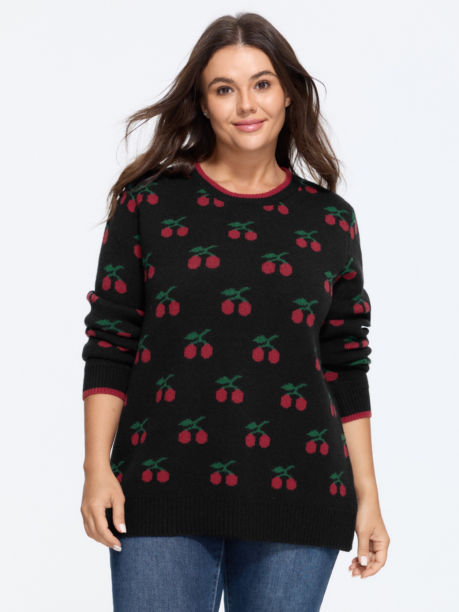 BloomChic Women's Plus Size Supersoft Cherry Jacquard Crew Neck Pullover Black Long Sleeve Round Neck 10/M