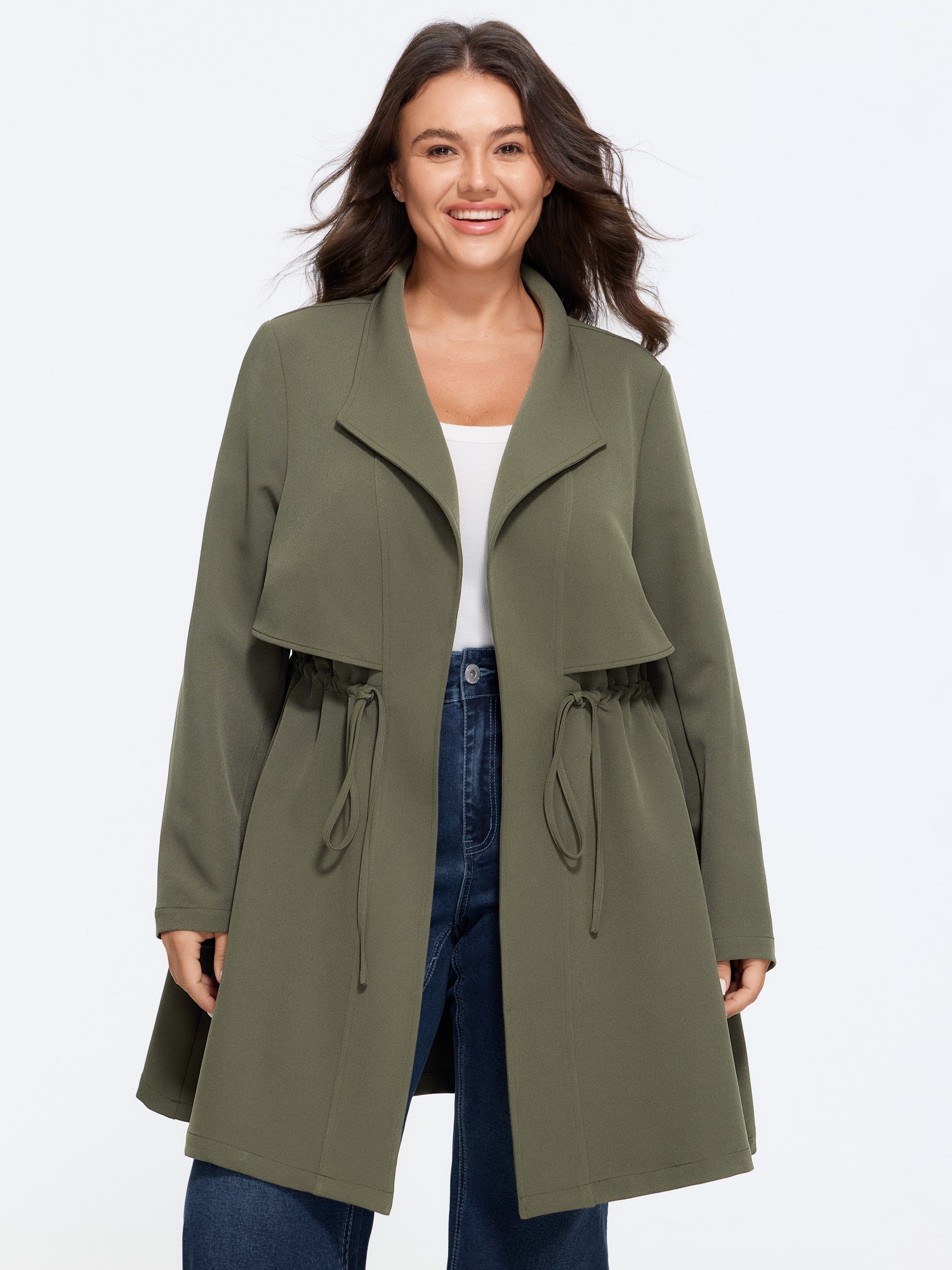 BloomChic Women's Plus Size Drawstring Waist Pocket Open Front Jacket ArmyGreen Bowknot A-line 22-24/3X