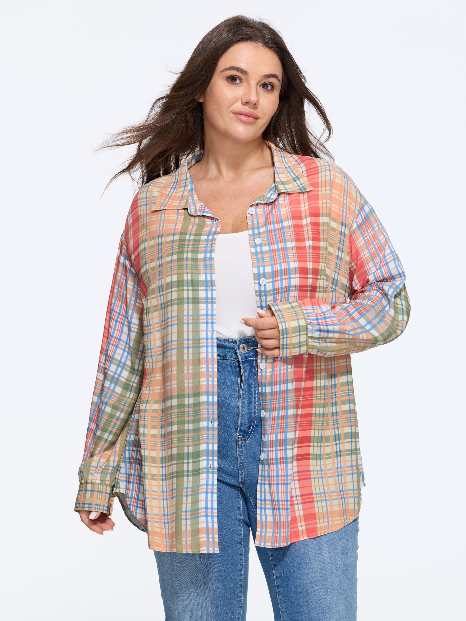 BloomChic Women's Plus Size Supersoft Colorful Plaid Button Down Blouse Multicolor Plaid Everyday-Casual Long Sleeve Collared Neck 22-24/3X