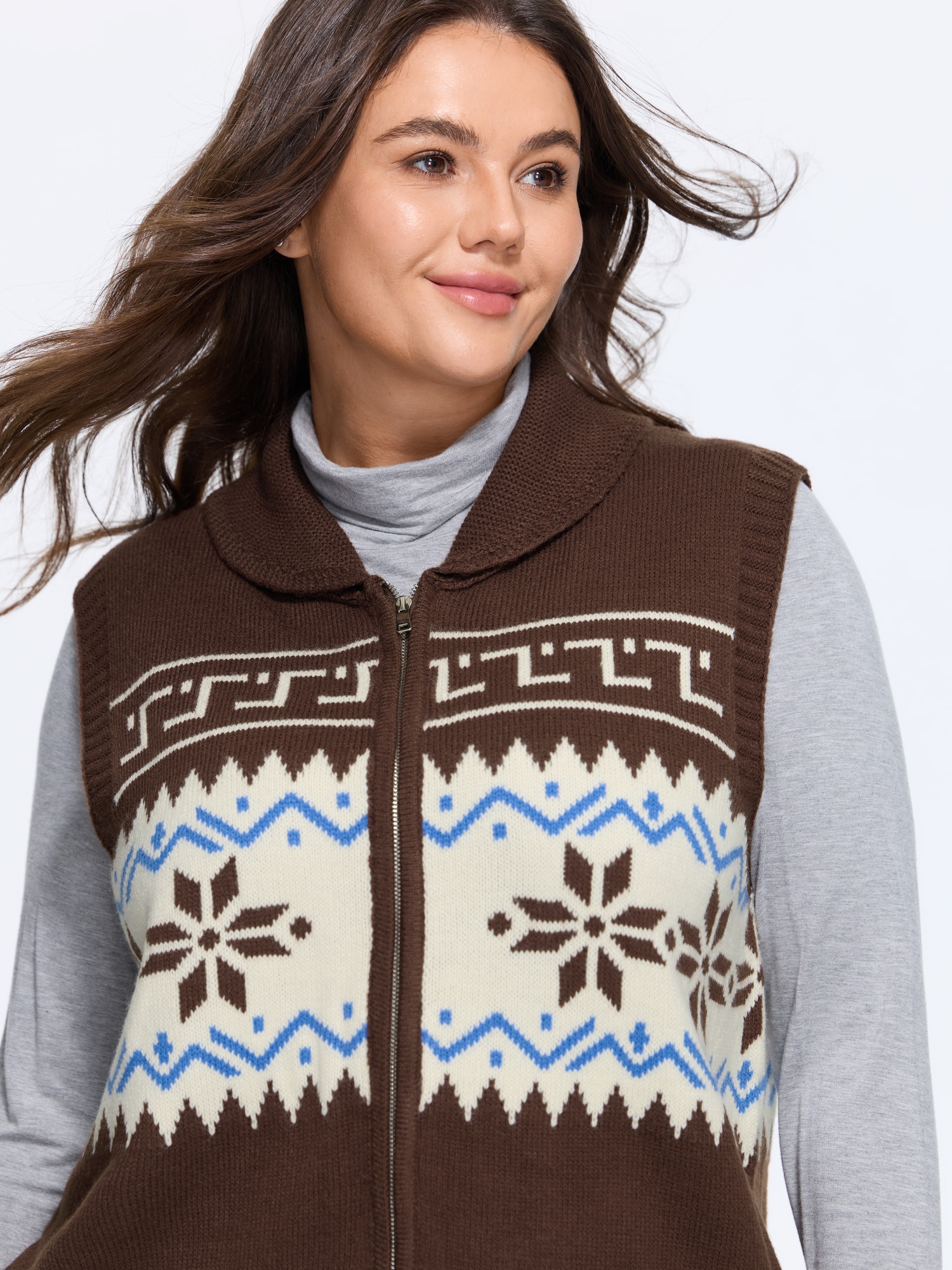 BloomChic Women's Plus Size Fair Isle Snowflake Zip Up Sleeveless Cardigan Browncoffeecolor Long Sleeve Wide Lapel 10/M