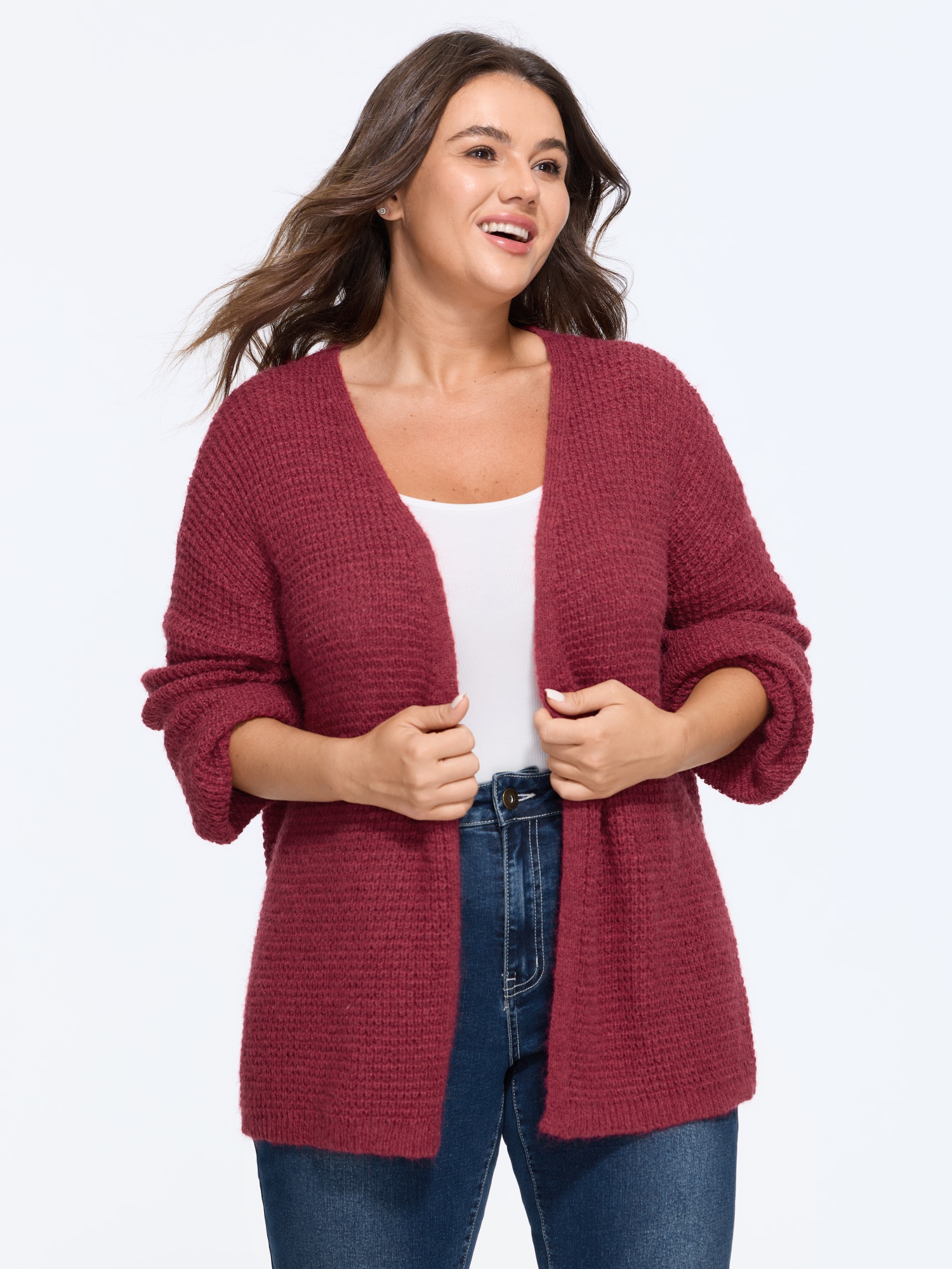 BloomChic Women's Plus Size Wool Blend V Neck Open Front Waffle Knit Cardigan Maroon Long Sleeve Wide Lapel 10/M