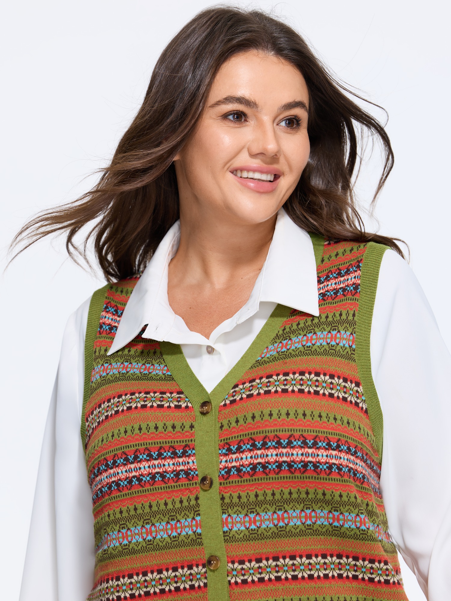 BloomChic Boho Striped V Neck Button Front Sweater Vest Women's Plus Size Women Multicolor V-Neck 10/M