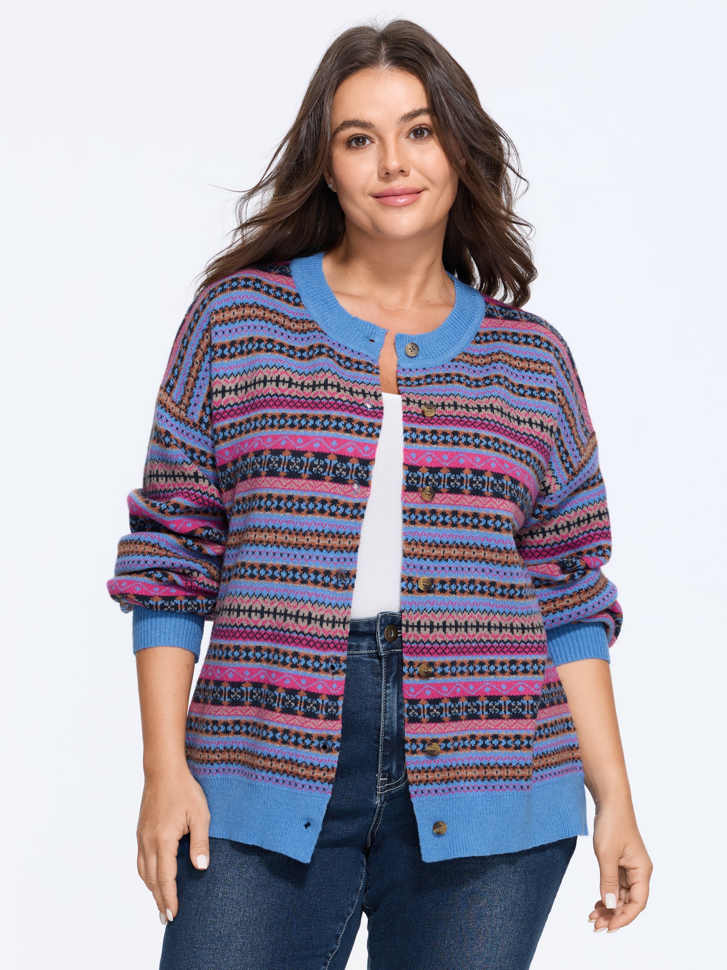 BloomChic Women's Plus Size Colorful Striped Round Neck Button Front Cardigan Multicolor Long Sleeve Round Neck 10/M