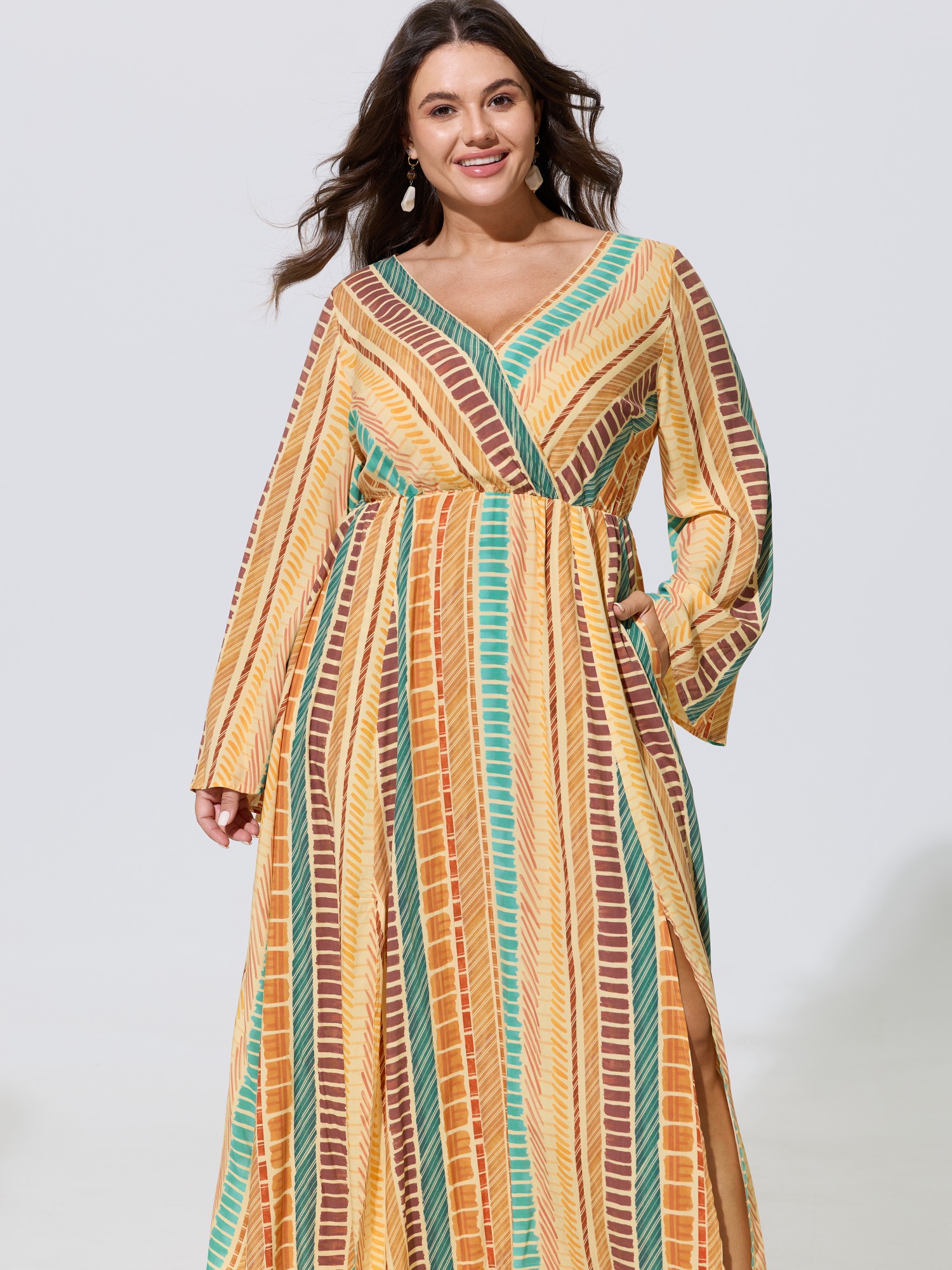 BloomChic Women's Plus Size Supersoft Colorful Stripe Bell Sleeve Maxi Dress Yellowishbrown Stripes Maxi Vacation Wrap / Overlap 10/M
