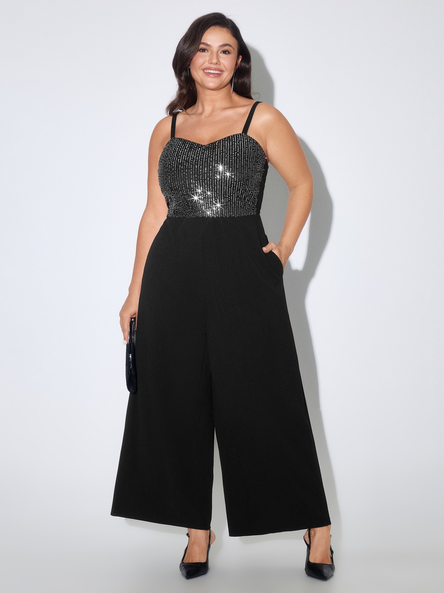 BloomChic Women's Plus Size Sequin Patchwork Cami Wide Leg Jumpsuit Black Occasion 10/M