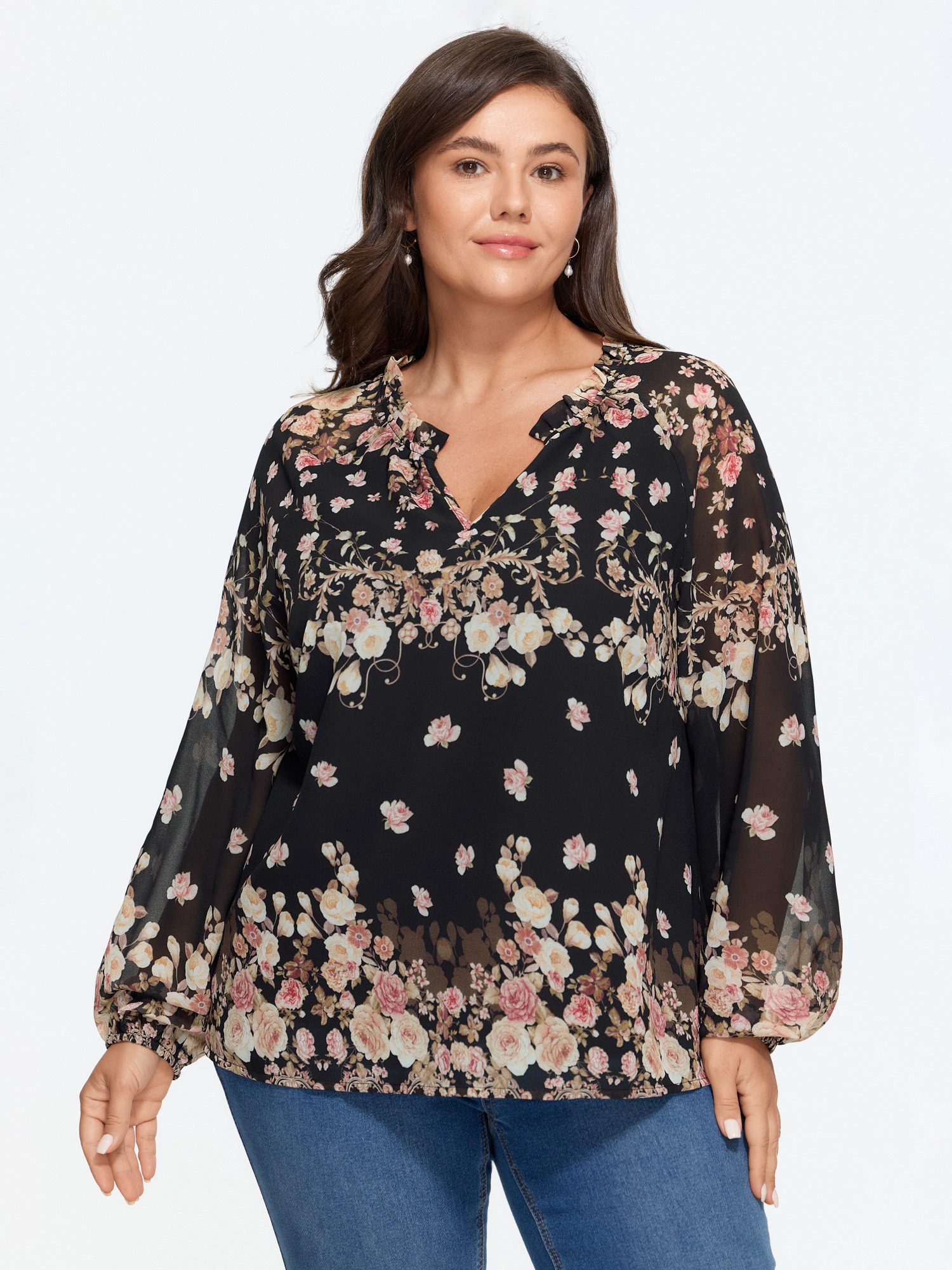 BloomChic Women's Plus Size Floral Print Puff Sleeve Sheer Chiffon Blouse Black Floral Everyday-Elegant Long Sleeve V-Notch Neck 10/M