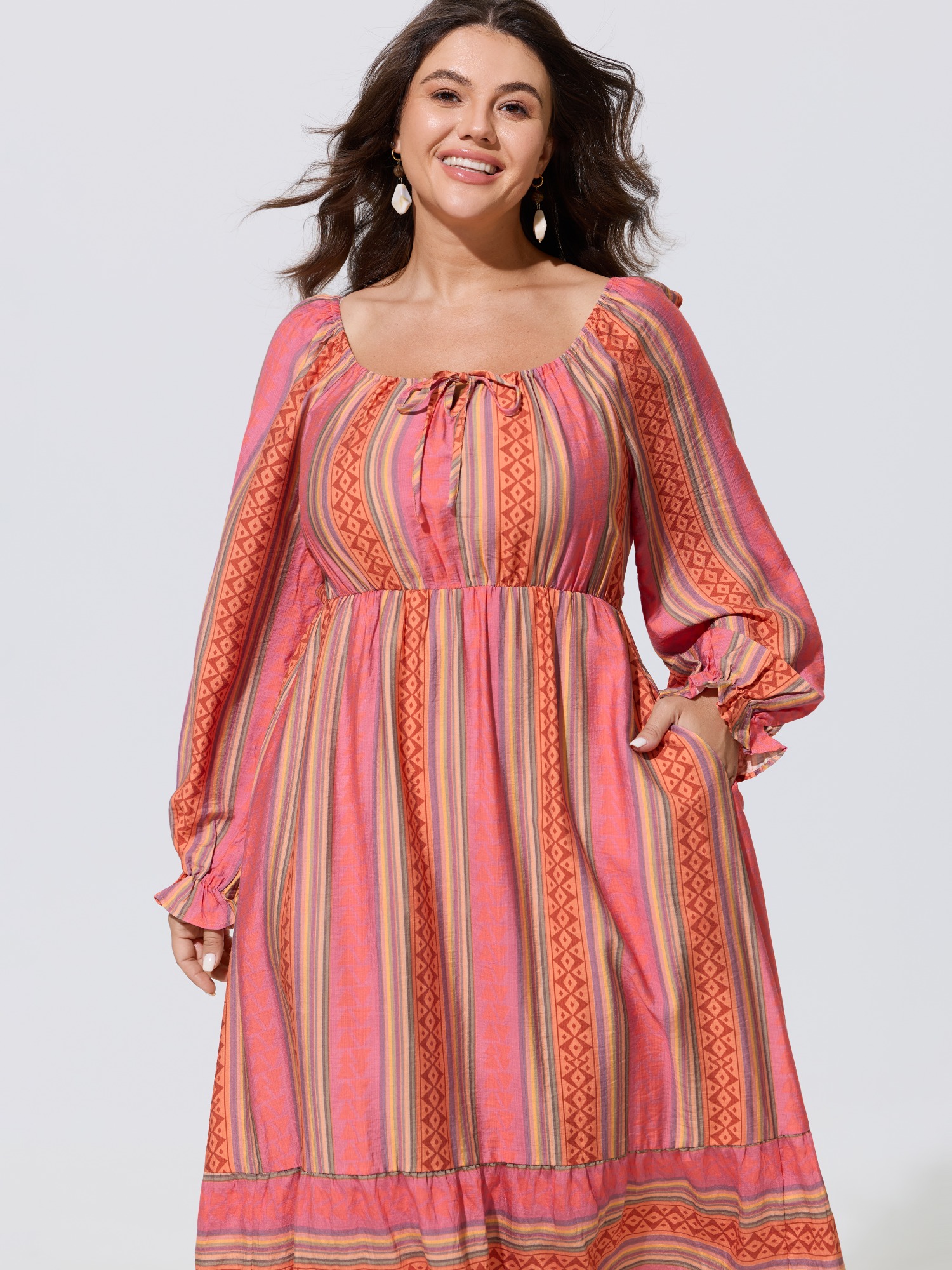 BloomChic Women's Plus Size Boho Striped Tie Front Ruffle Hem Midi Dress Multicolor Stripes Midi Vacation 10/M