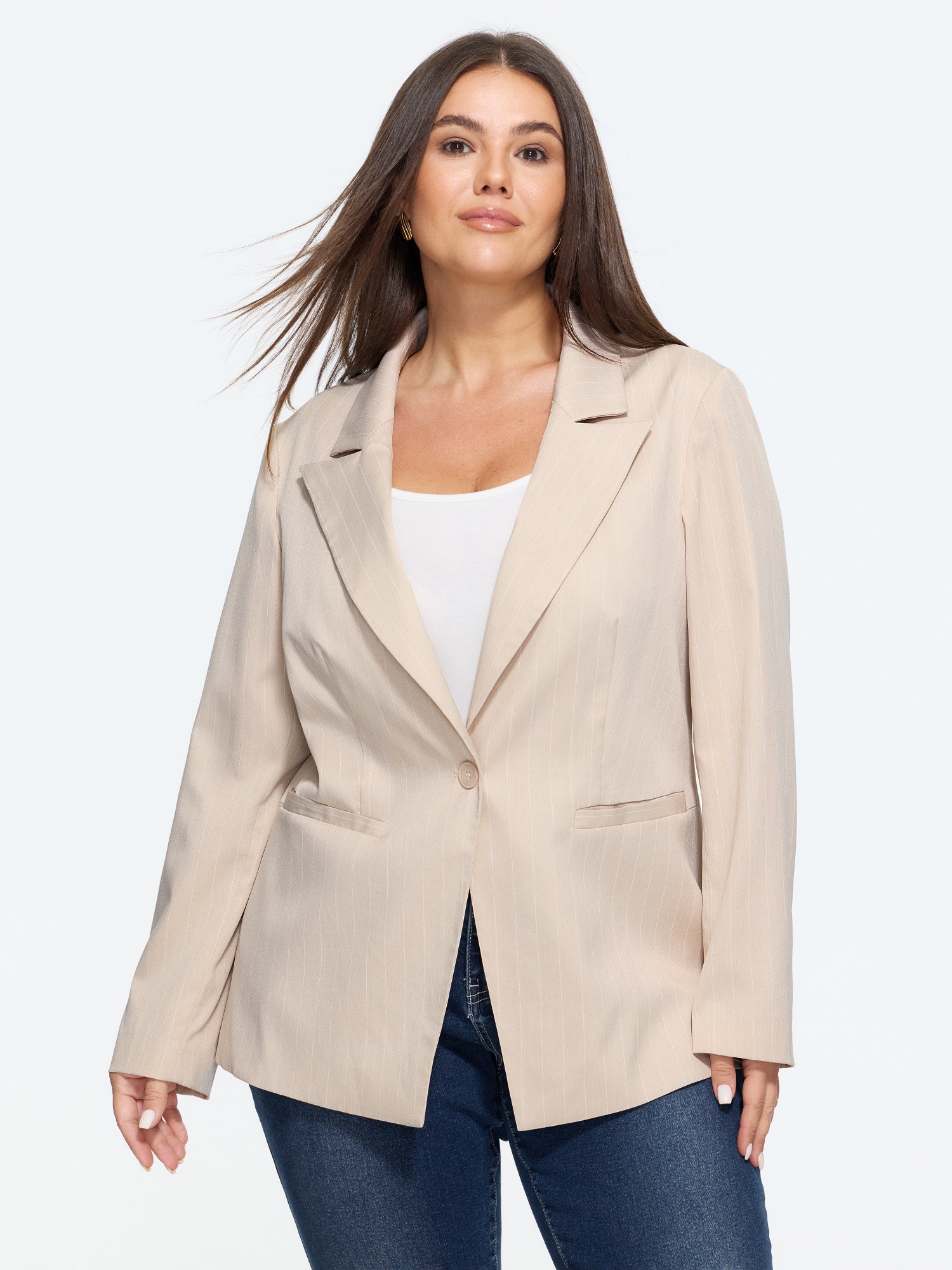 BloomChic Women's Plus Size Pinstripe Single Button Blazer Nudepink Non Sleeve Long Sleeve Notched Lapel 10/M