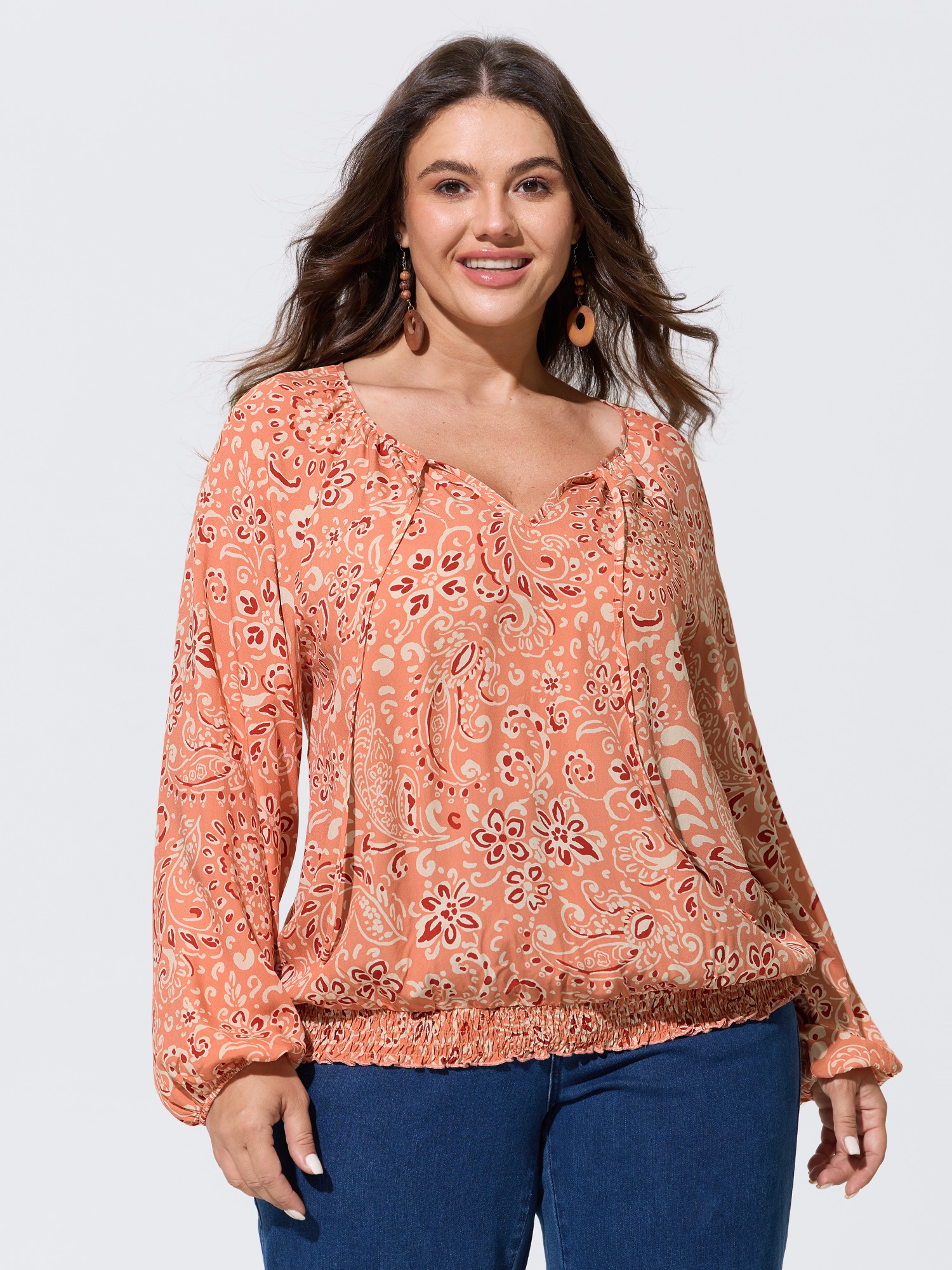 BloomChic Women's Plus Size Paisley Print Shirred Hem Blouse Coral Almond Floral Vacation Long Sleeve Round Neck 12/L