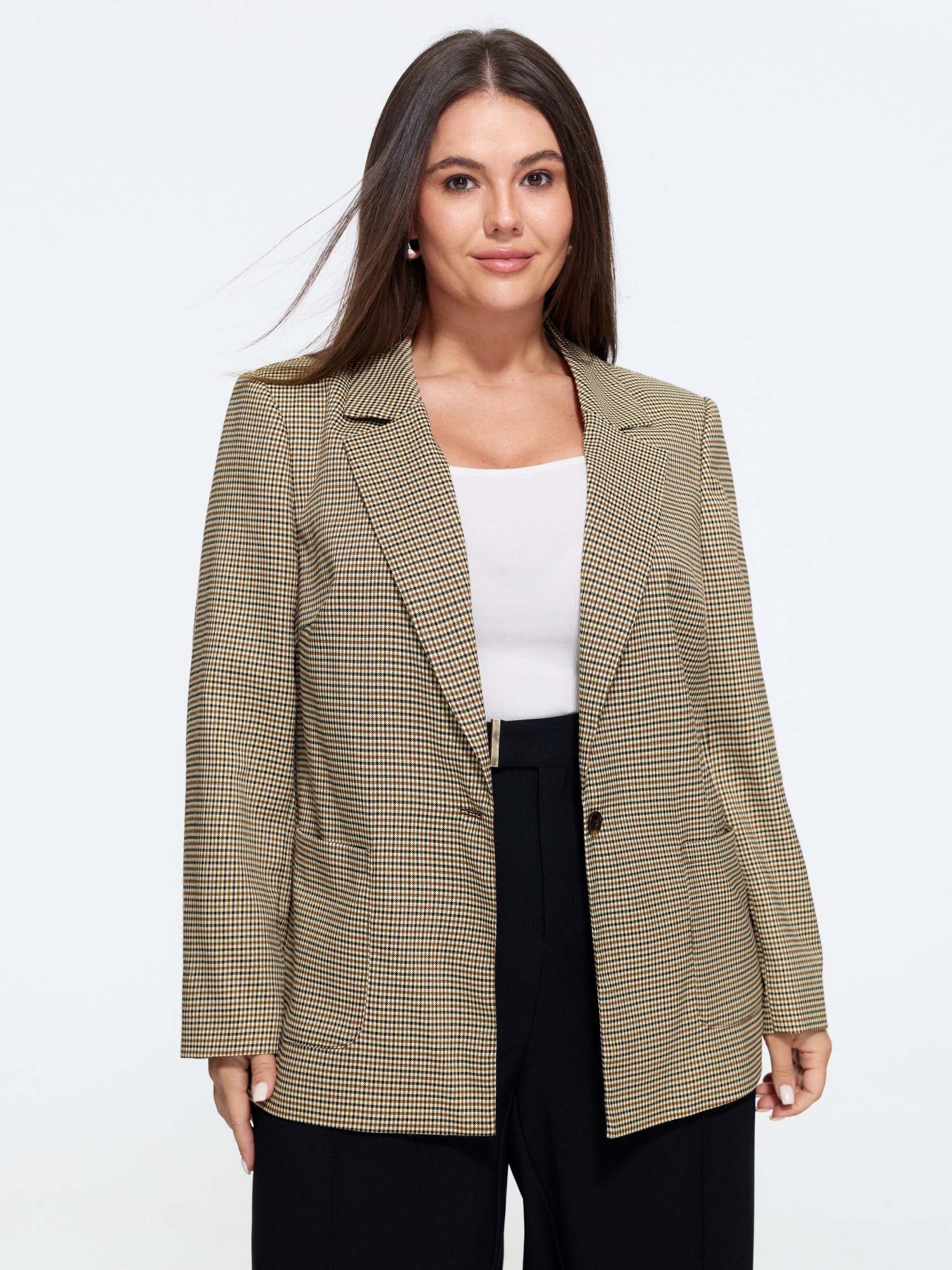 BloomChic Women's Plus Size Vintage Plaid Single Button Blazer Yellowishbrown Non Sleeve Long Sleeve Notched Lapel 12/L