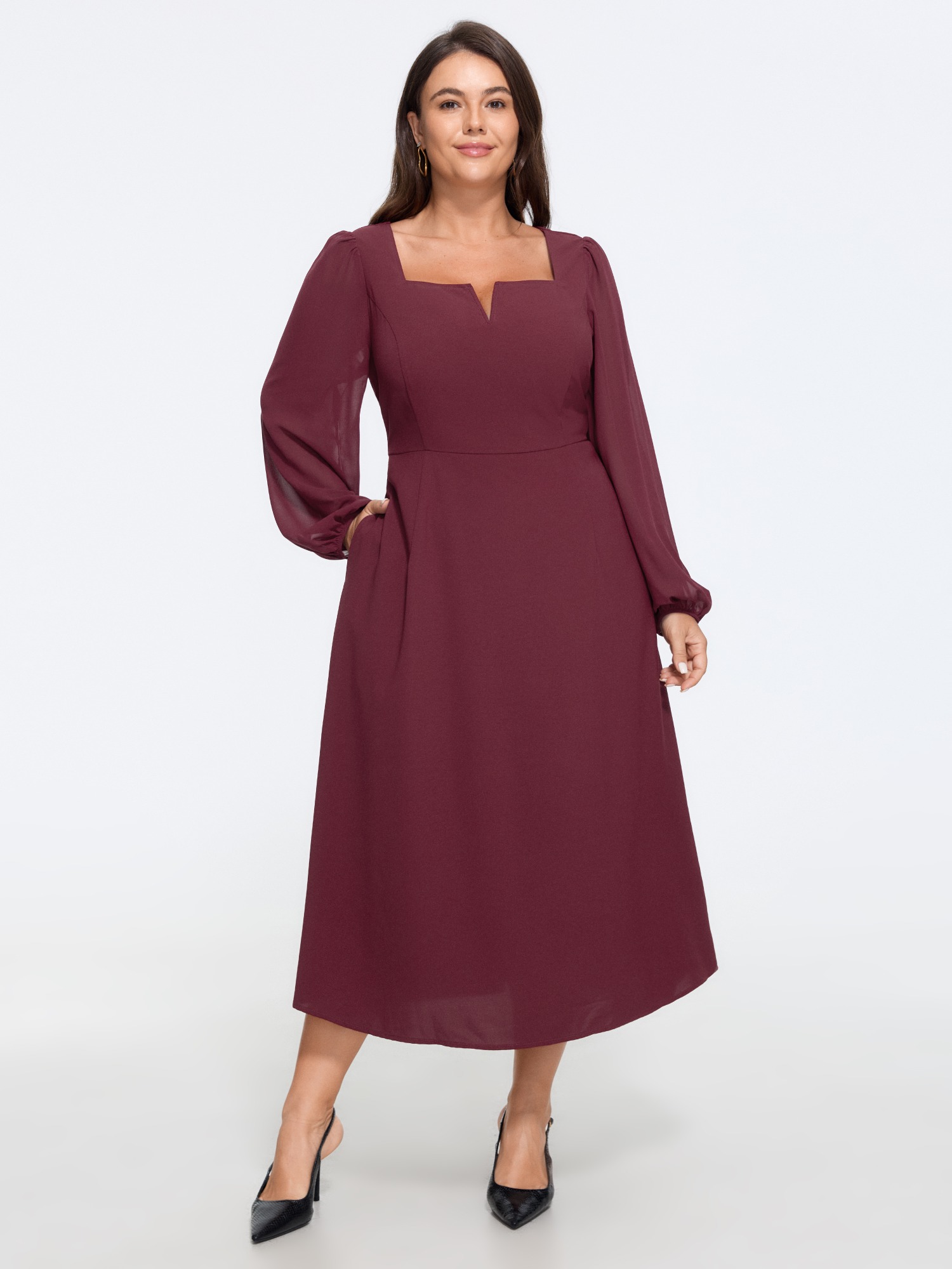 BloomChic Women's Plus Size Square Neck Puff Sleeve Pocket Midi Dress Scarlet Solid Midi Everyday-Elegant Smocked 10/M