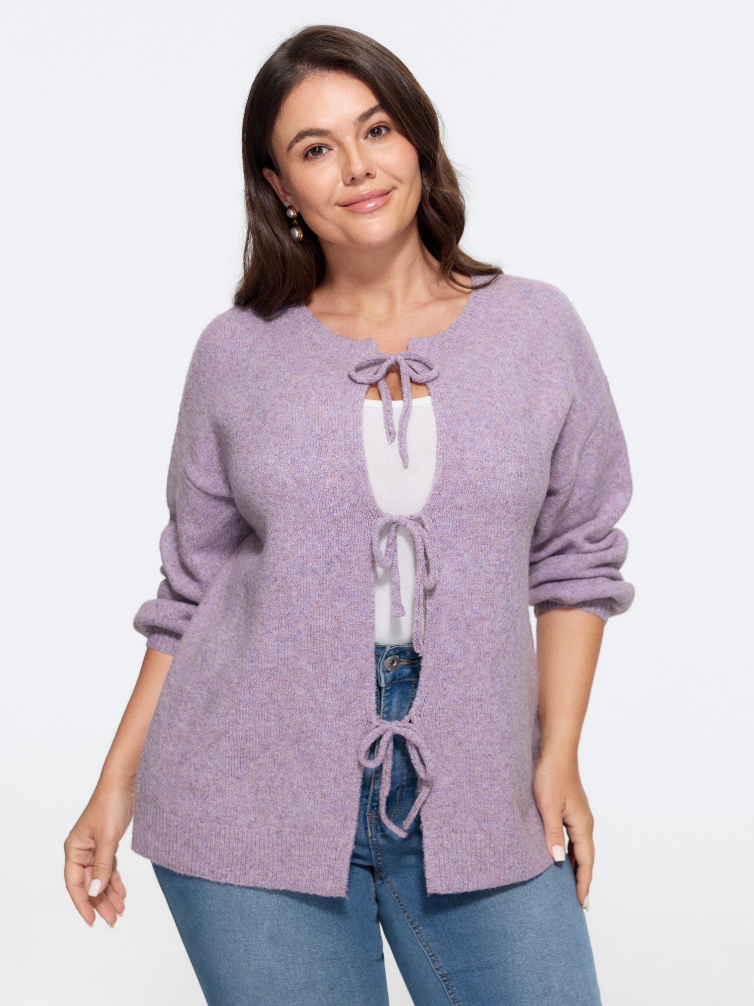 BloomChic Women's Plus Size Round Neck Bow Knot Tie Front Cardigan Mauve Long Sleeve Round Neck 28/5X
