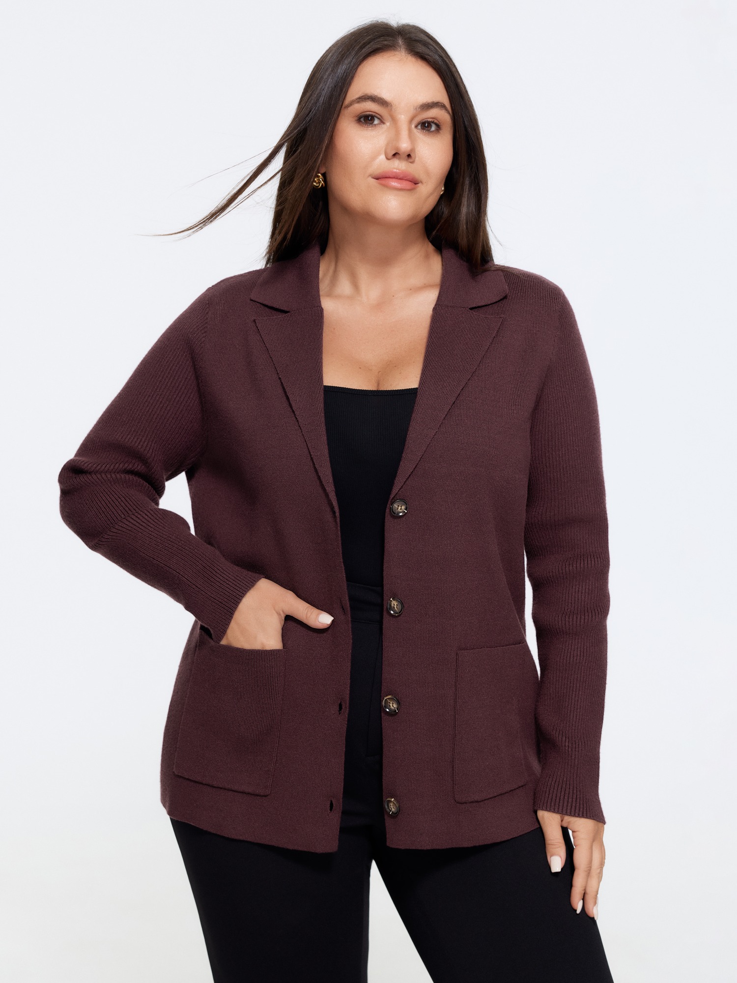 BloomChic Women's Plus Size Supersoft Notched Lapel Pocket Button Front Cardigan Plum Long Sleeve Notched Lapel 10/M
