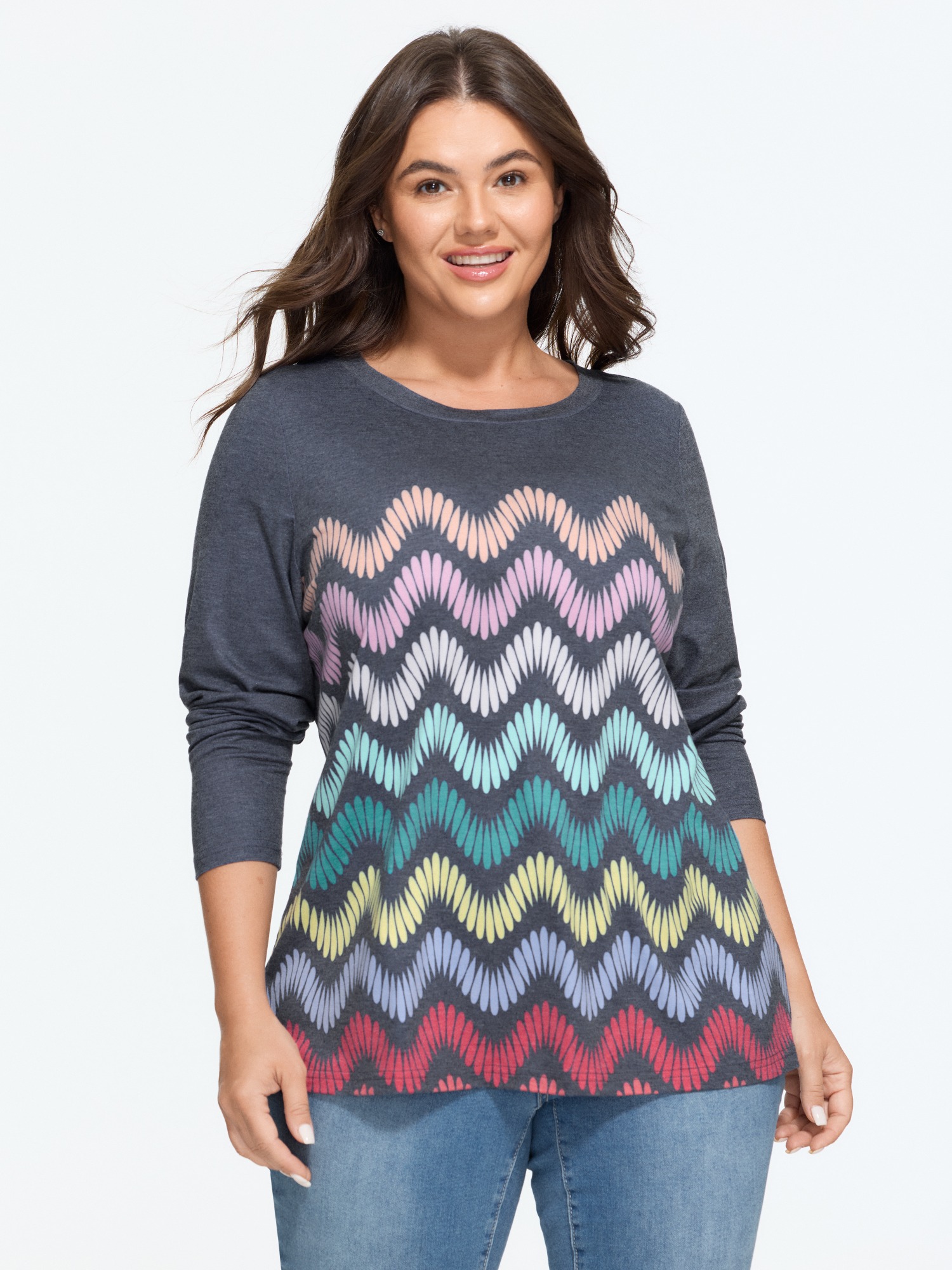 BloomChic Women's Plus Size Supersoft Stretch Rainbow Chevron Print Long Sleeve T-Shirt Midnight Ripple Everyday-Casual Long Sleeve Round Neck 10/M