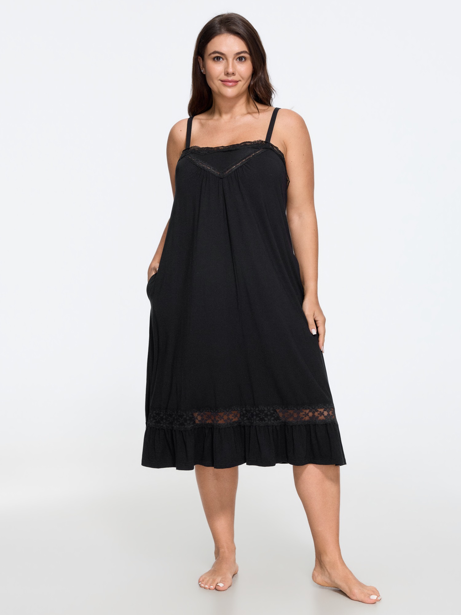 BloomChic Women's Plus Size Supersoft Stretch Lace Trim Pocket Nightgown Black Sleeveless Mini Square Neck 12/L