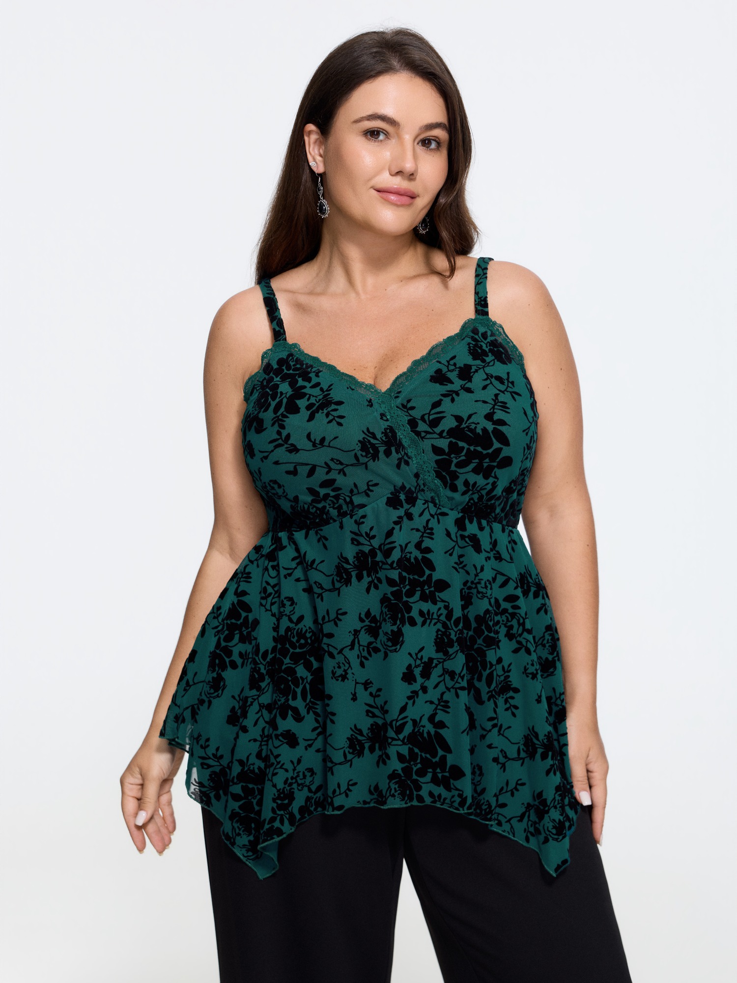 BloomChic Women's Plus Size Floral Flocked Lace Trim Asymmetric Hem Tank Top DarkGreen Everyday-Elegant Fit & Flare Cold Shoulder 10/M