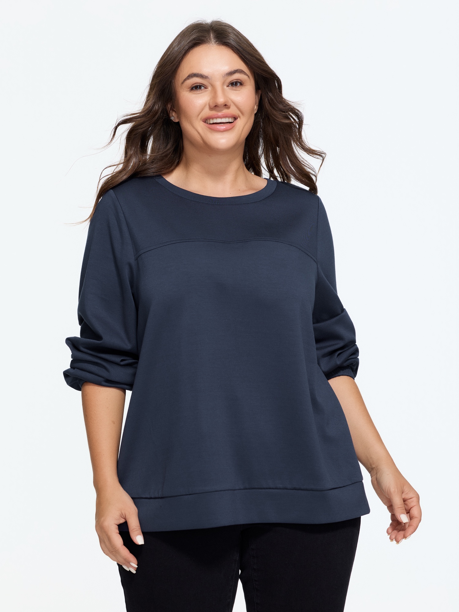 BloomChic Women's Plus Size Supersoft Round Neck Lantern Sleeve Sweatshirt Indigo Everyday-Casual Round Neck 30/6X