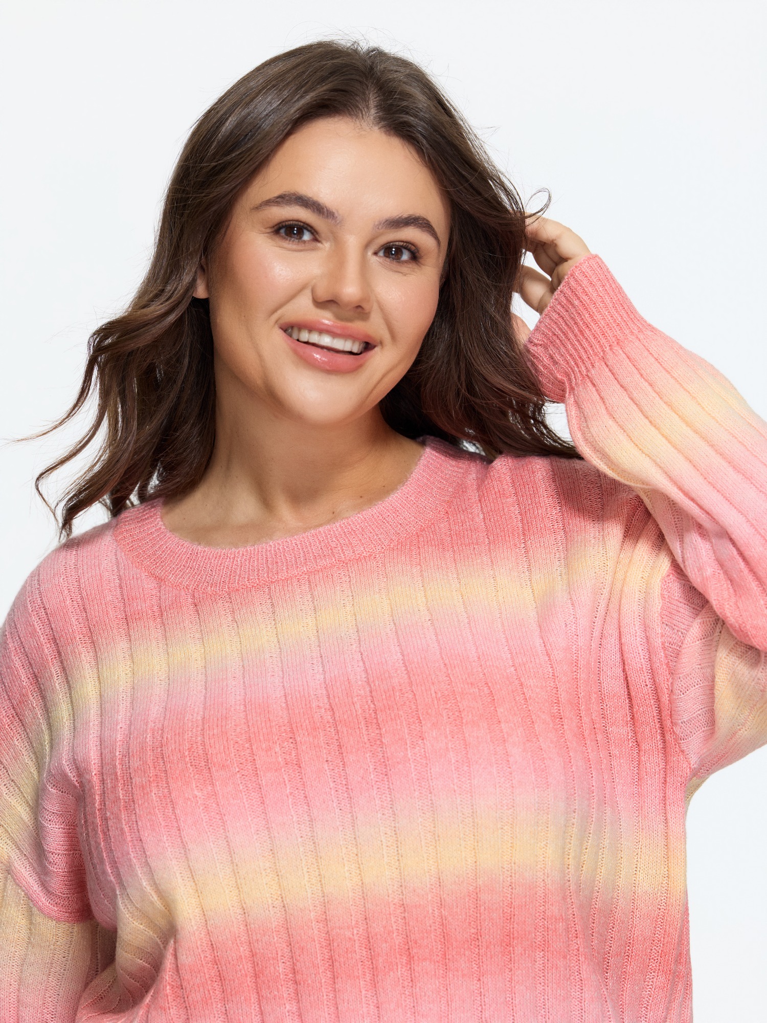 BloomChic Women's Plus Size Ombre Vertical Rib Crew Neck Pullover Blush Long Sleeve Round Neck 14-16/1X