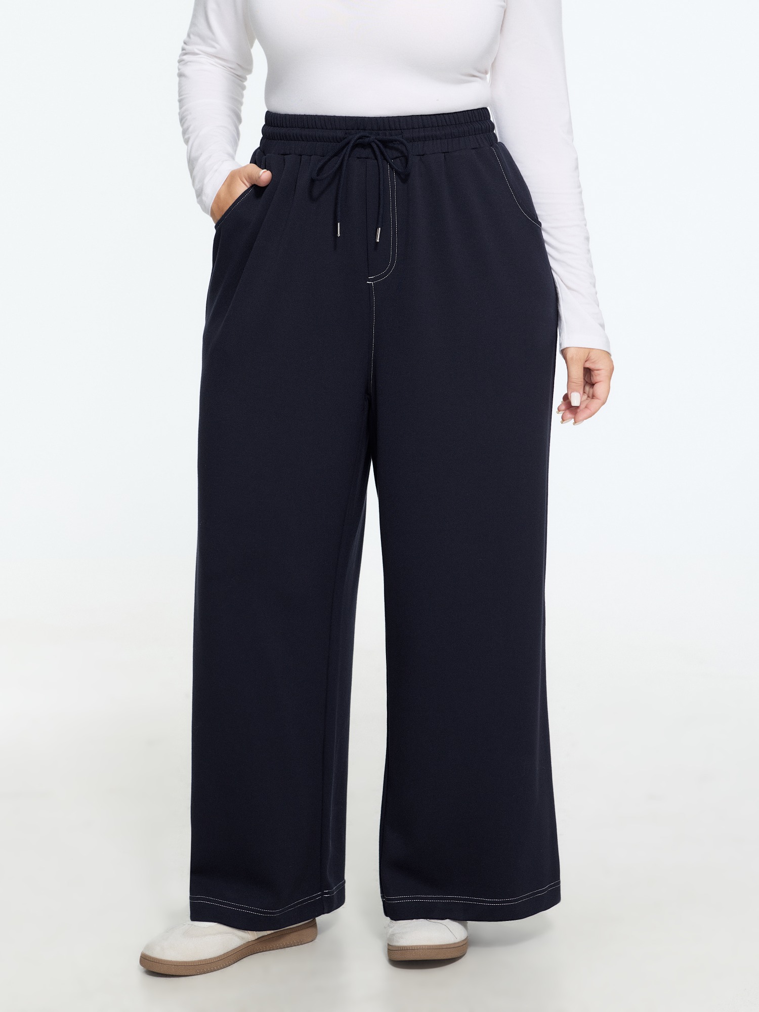 BloomChic Women's Plus Size Supersoft Stretch Drawstring Waist Wide Leg Pants DarkBlue Solid Straight fit Mid Rise Everyday-Casual 10/M