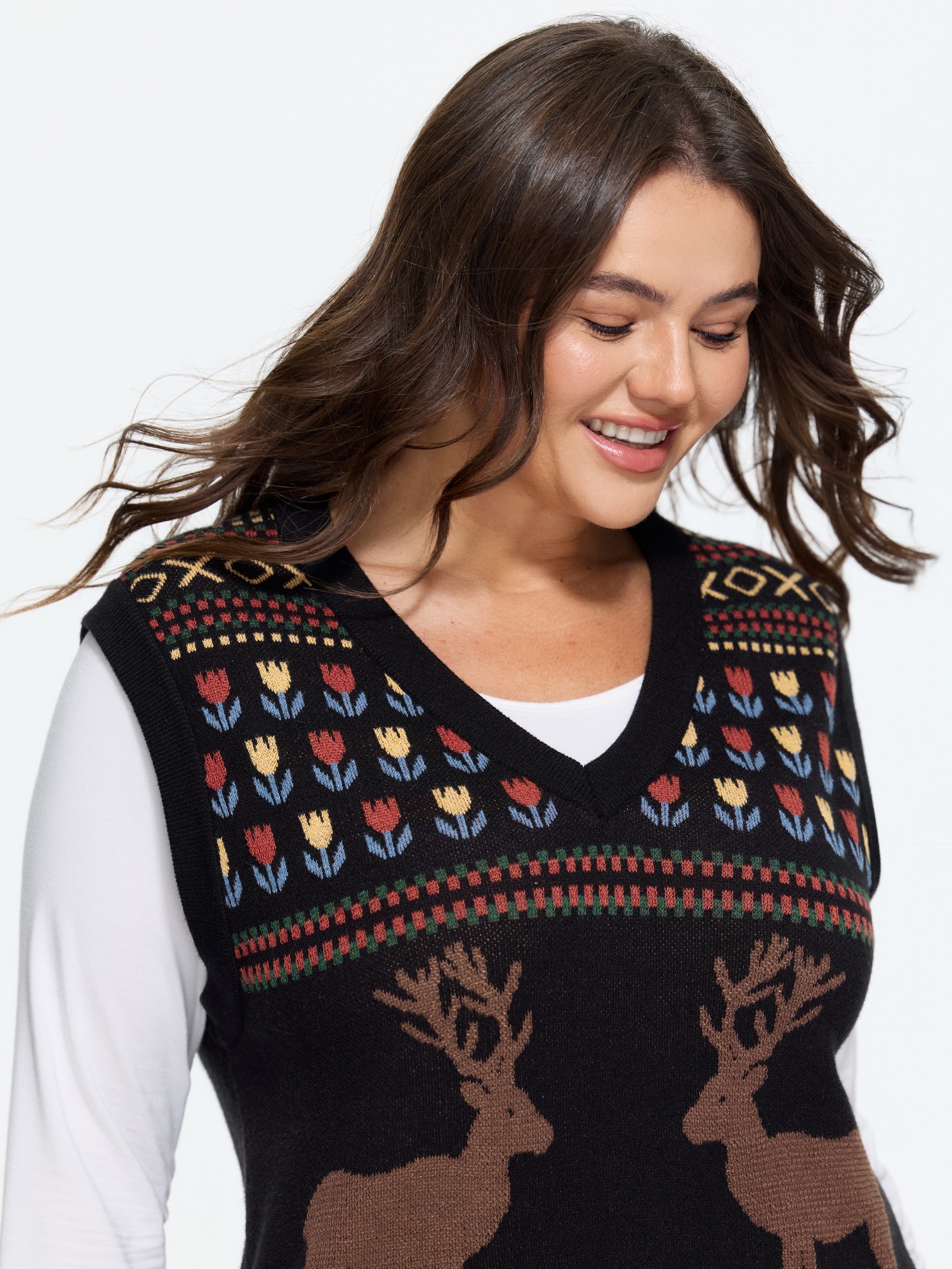 BloomChic Supersoft Christmas Deer Fair Isle Sweater Vest Women's Plus Size Women Black V-Neck 10/M