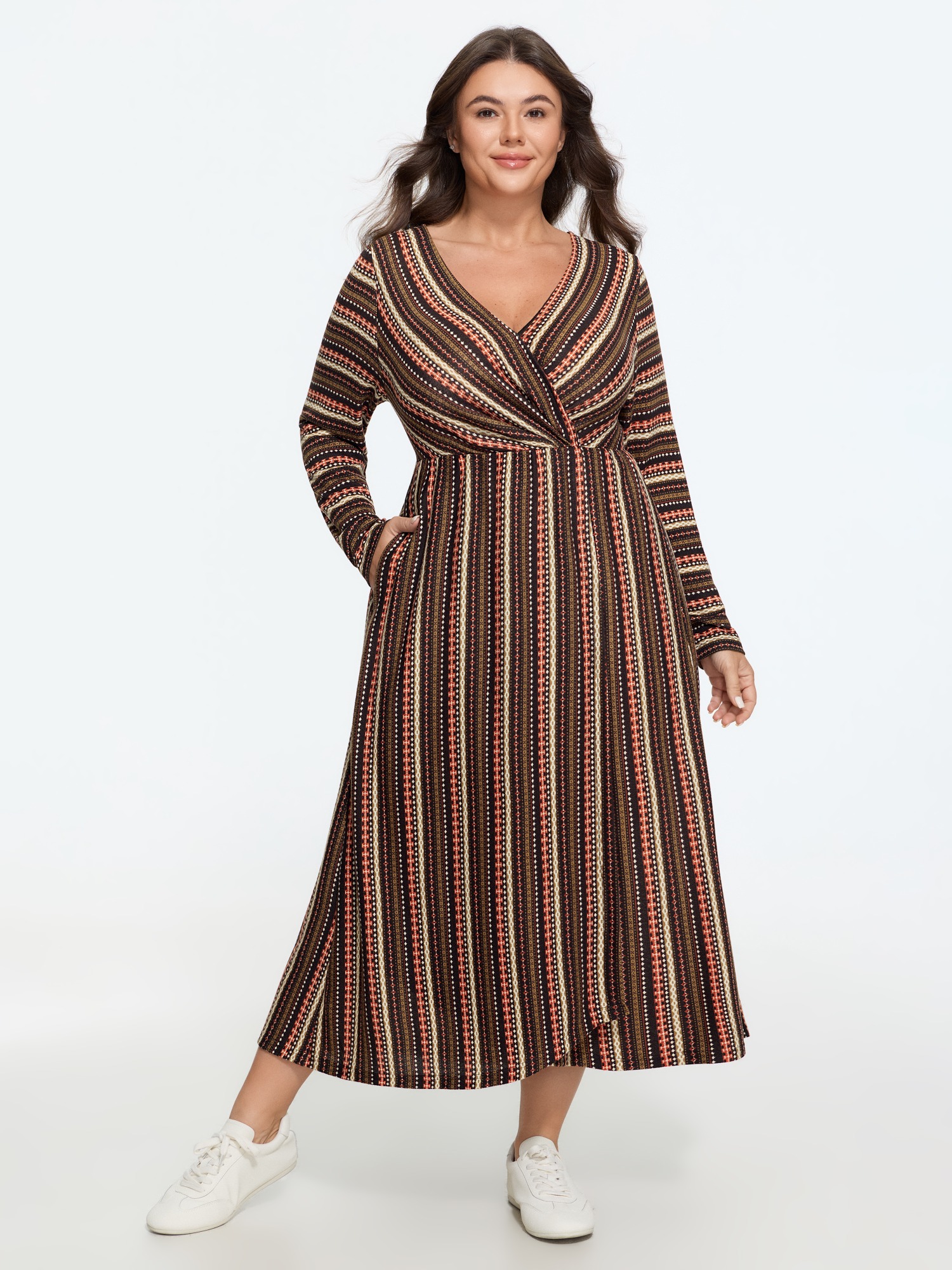 BloomChic Women's Plus Size Stretch Retro Stripe Wrap V Neck Midi Dress DarkBrown Stripes Midi Everyday-Casual 10/M