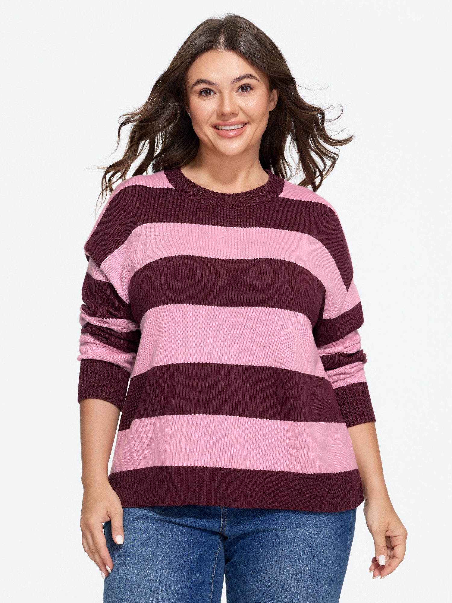 BloomChic Women's Plus Size Colorblock Contrast Stripe Crew Neck Pullover RedViolet Long Sleeve Round Neck 10/M
